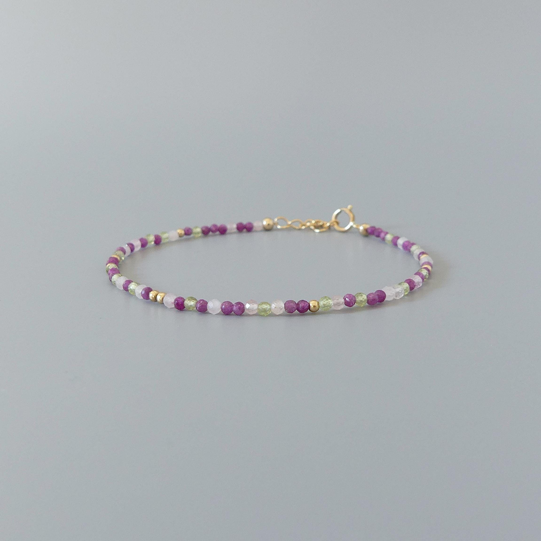 Tiny Ruby Bracelet Dainty Rose Quartz Gold Filled Bead Bracelet Silver Stacking Thin Birthstone Jewelry Colorful Birthday Gift for Women