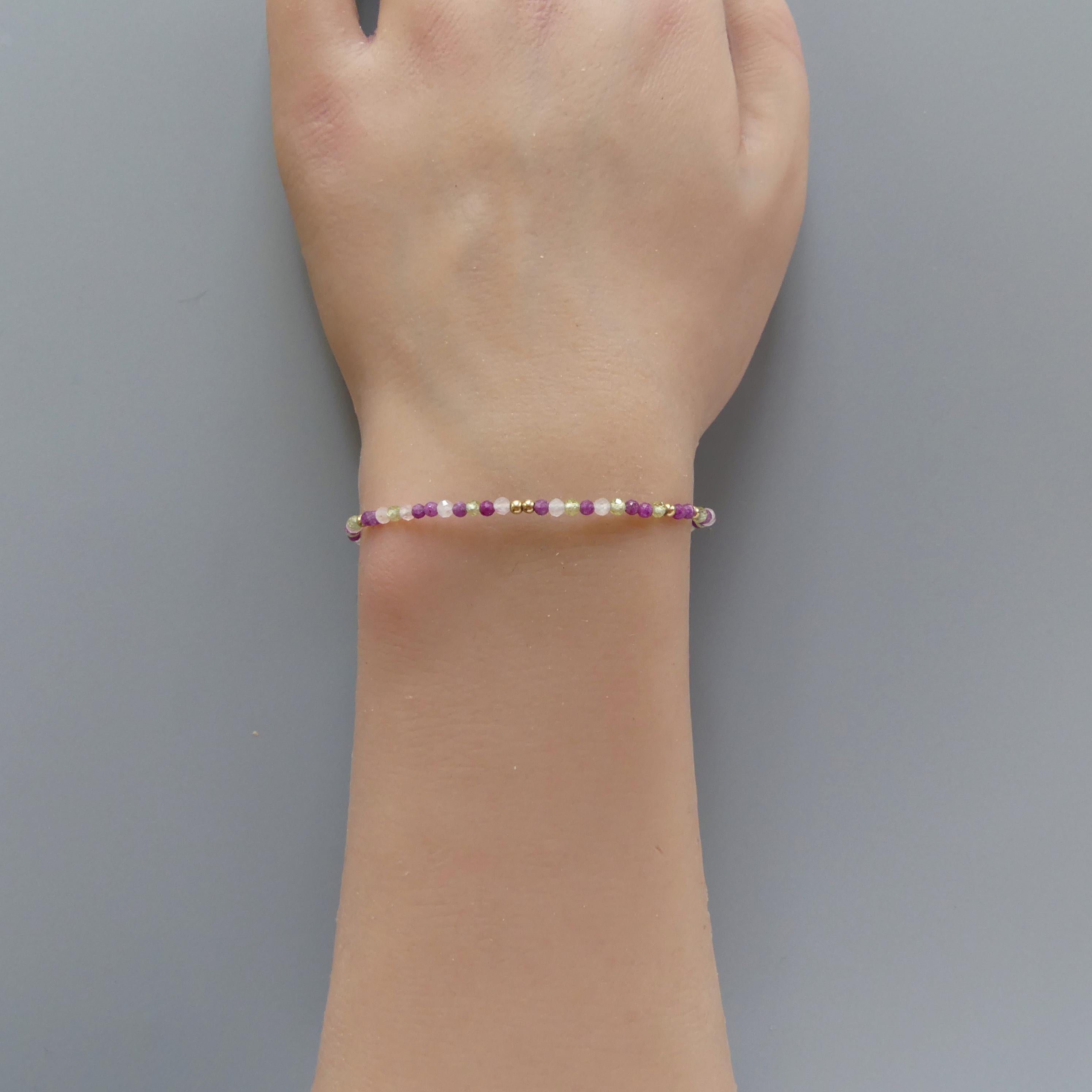 Tiny Ruby Bracelet Dainty Rose Quartz Gold Filled Bead Bracelet Silver Stacking Thin Birthstone Jewelry Colorful Birthday Gift for Women