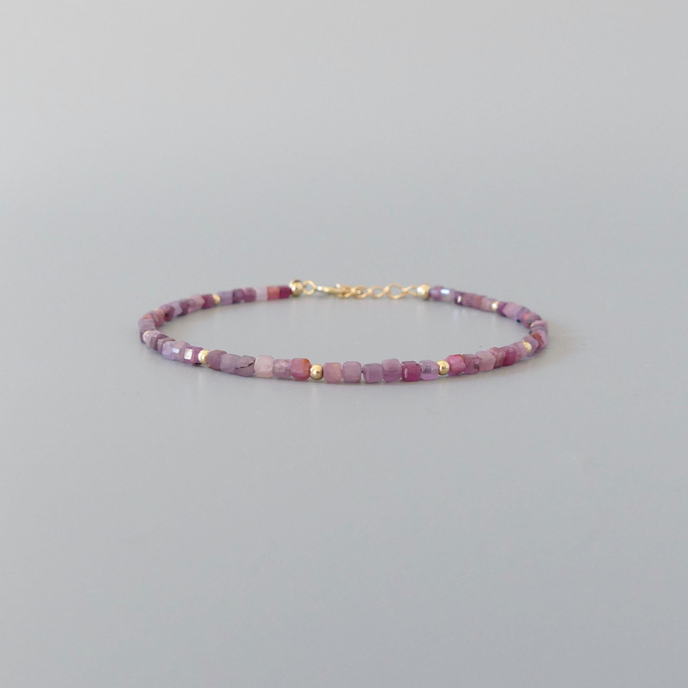Tiny Ruby Bracelet Dainty Cube Bead Ruby Natural Gemstone Bracelet Minimalist July Birthstone Jewelry Gift for Women