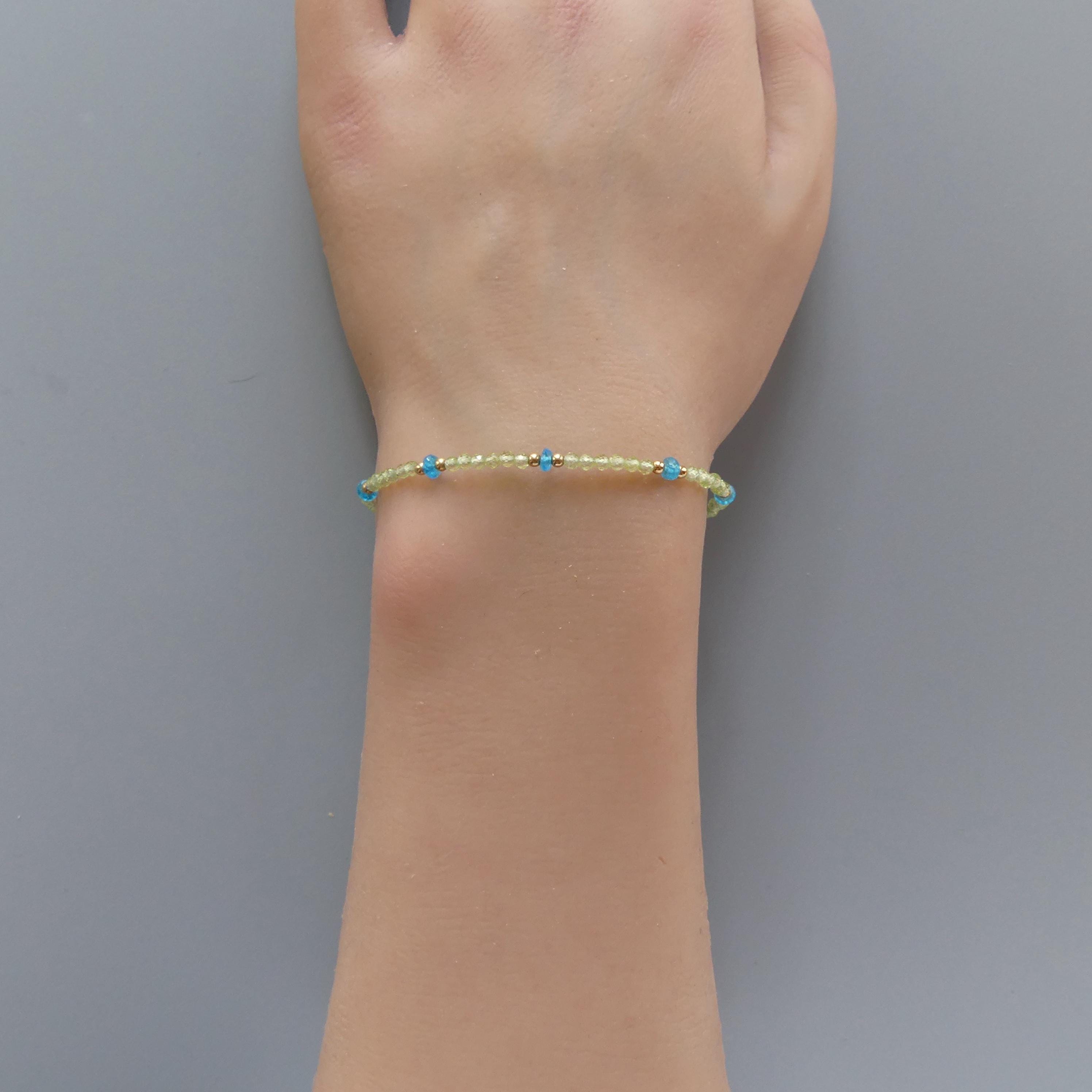 Tiny Peridot Bracelet Dainty Apatite Gold Filled Bead Bracelet Silver Stacking Thin Birthstone Jewelry Colorful Birthday Gift for Women