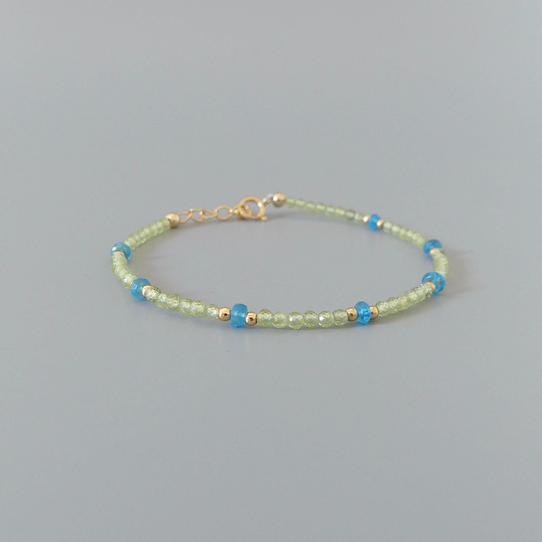 Tiny Peridot Bracelet Dainty Apatite Gold Filled Bead Bracelet Silver Stacking Thin Birthstone Jewelry Colorful Birthday Gift for Women