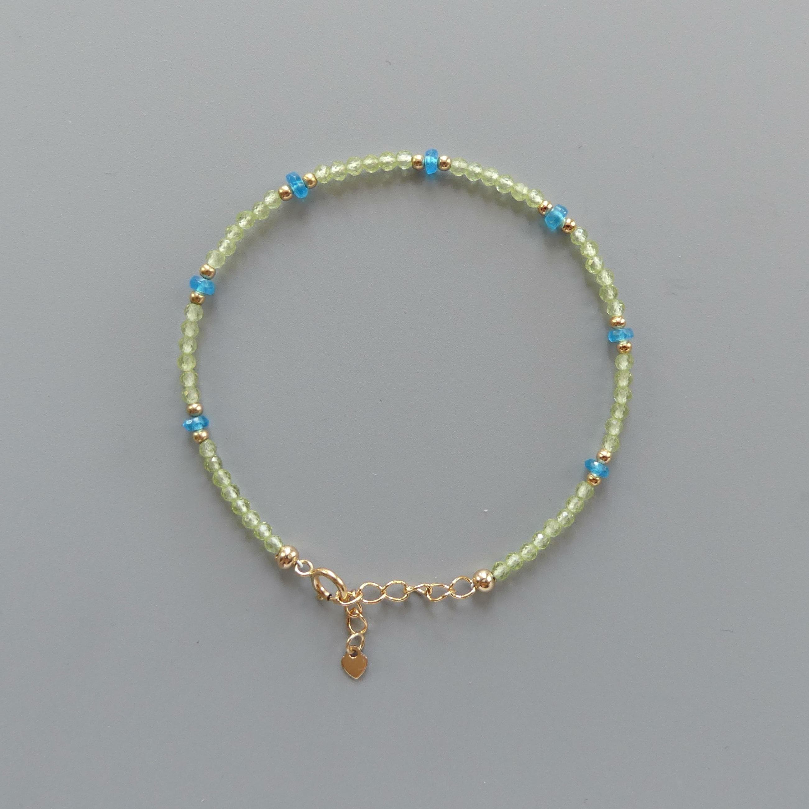 Tiny Peridot Bracelet Dainty Apatite Gold Filled Bead Bracelet Silver Stacking Thin Birthstone Jewelry Colorful Birthday Gift for Women