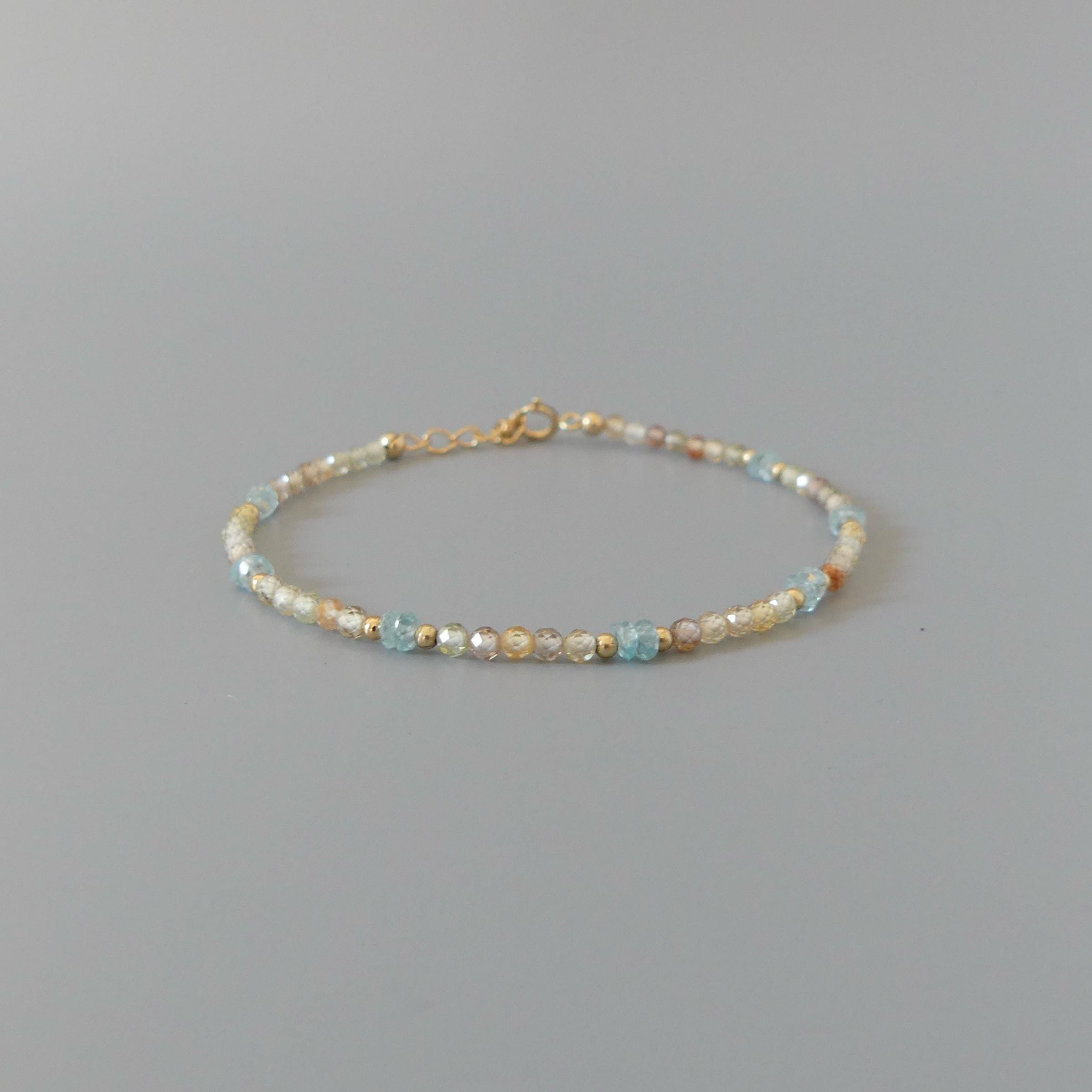 Tiny Zircon Bracelet Dainty Blue Zircon Gemstone Beaded Bracelet Sparkly Crystal Jewelry Minimalist December Birthstone Birthday Gift Women