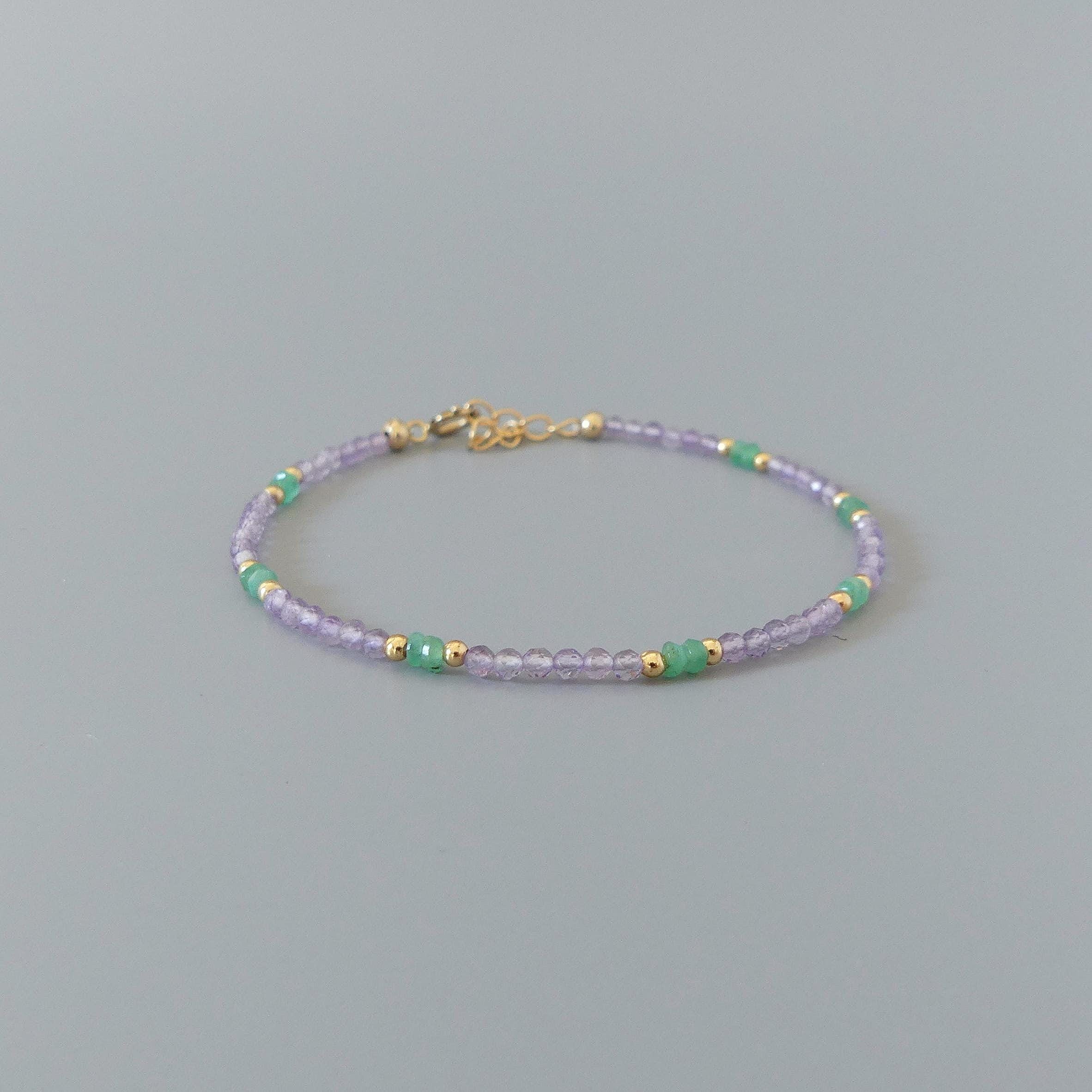 Tiny Amethyst Bracelet Dainty Columbian Emerald Gold Filled Beaded Bracelet Crystal Jewelry February Birthstone Birthday Gift Mom Wife