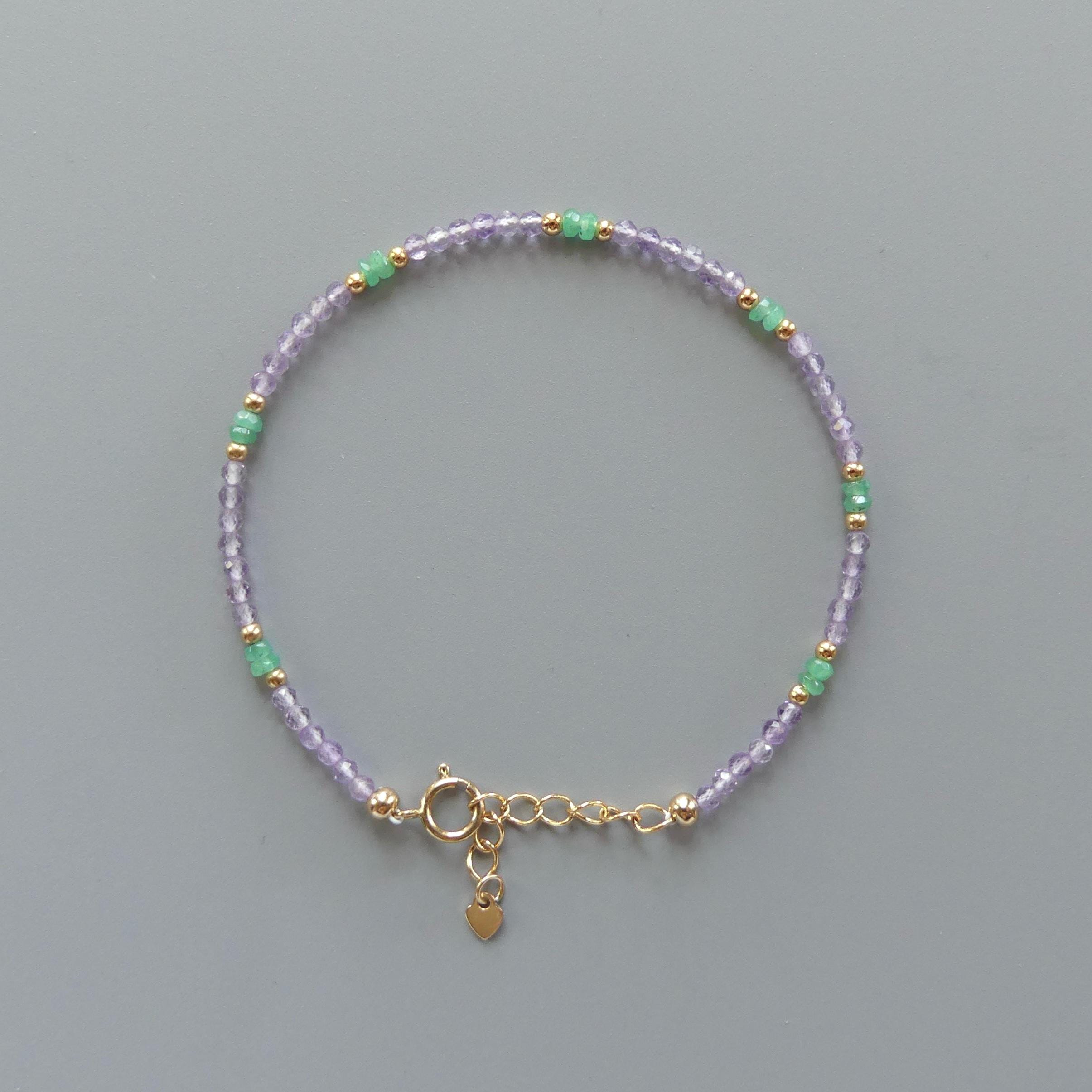 Tiny Amethyst Bracelet Dainty Columbian Emerald Gold Filled Beaded Bracelet Crystal Jewelry February Birthstone Birthday Gift Mom Wife