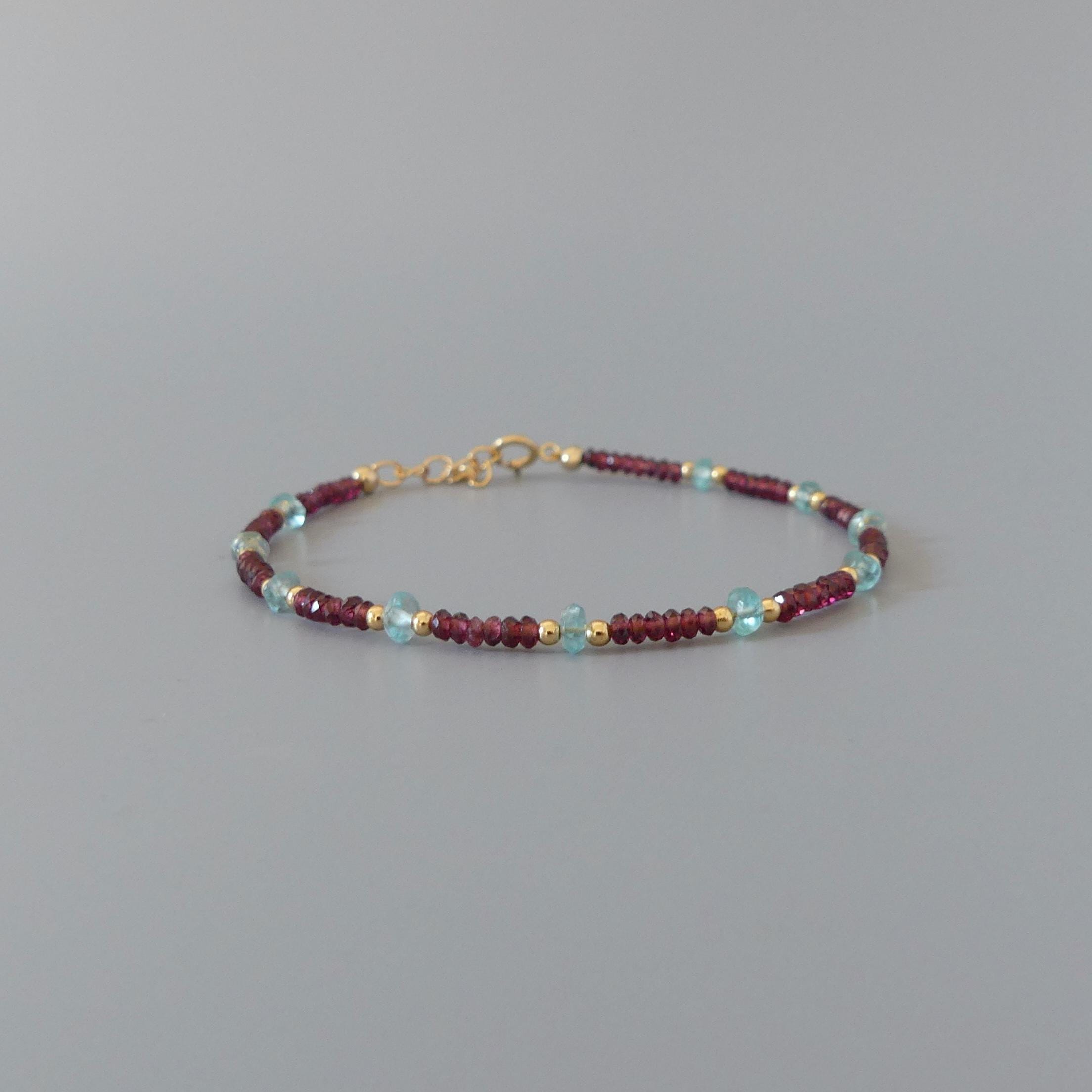 Tiny Garnet Bracelet Dainty Sky Apatite Gold Filled Beaded Bracelet Crystal Boho Jewelry Minimalist Birthstone Bracelet Gift for Women