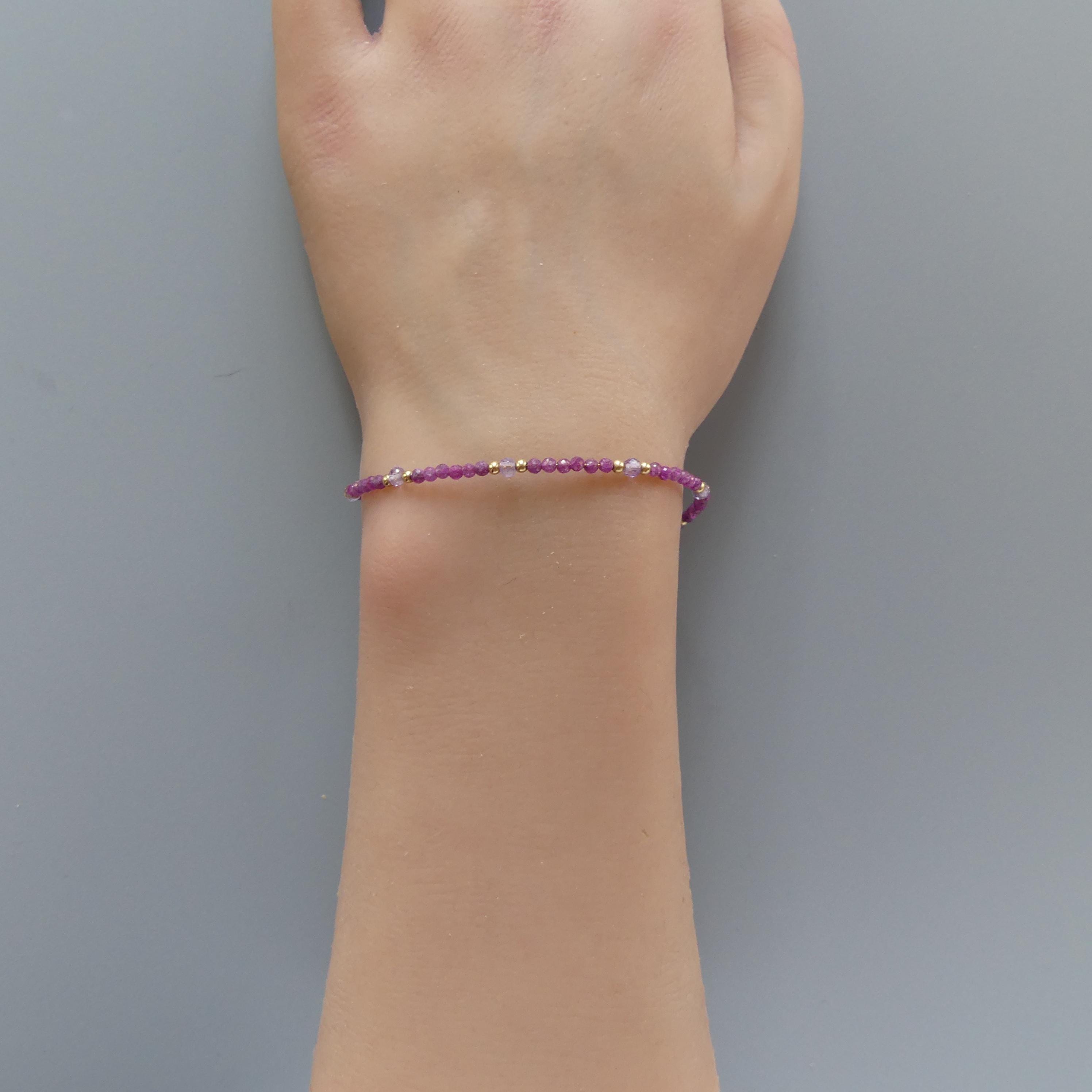 Tiny Ruby Bracelet Dainty Amethyst Gold Filled Bead Bracelet Silver Stacking Thin Birthstone Jewelry July Birthday Gift for Women Bridesmaid