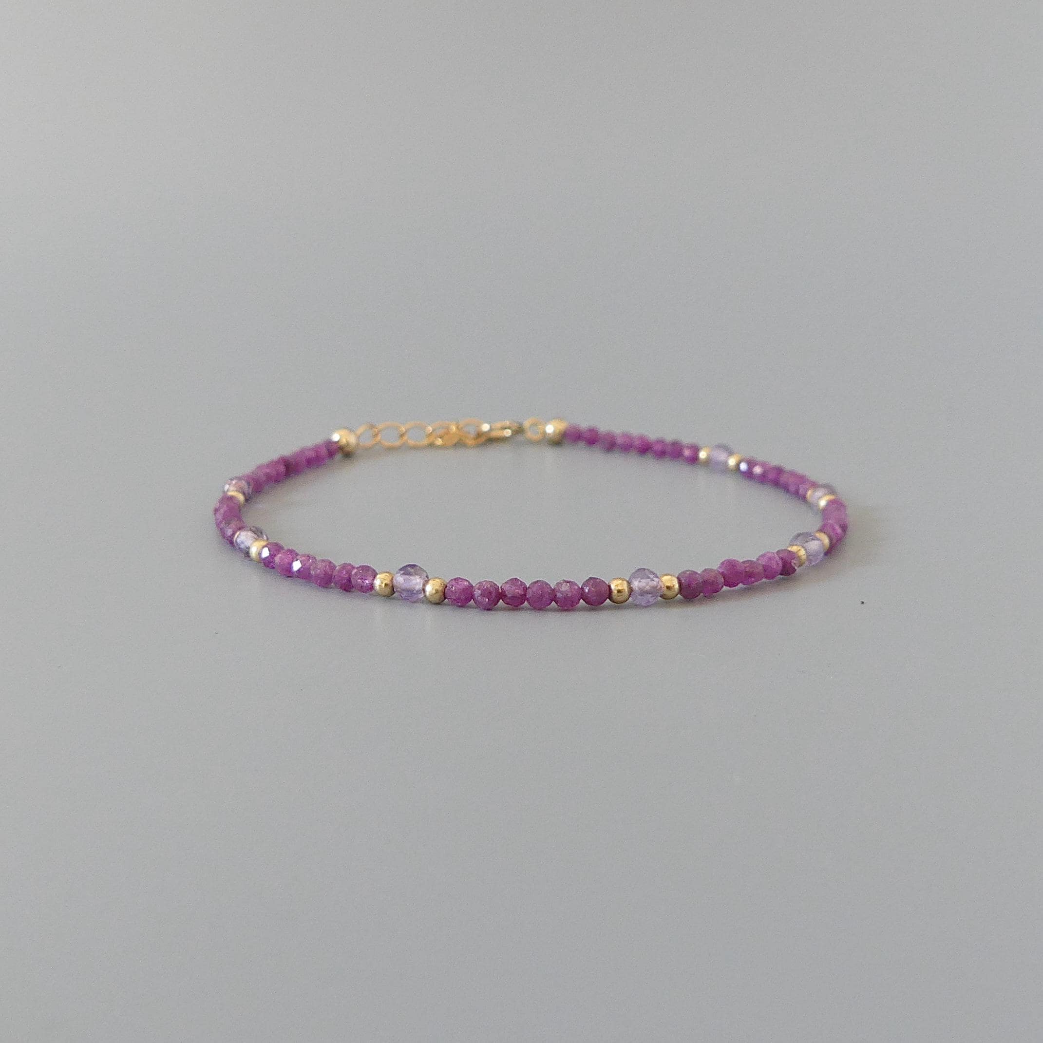 Tiny Ruby Bracelet Dainty Amethyst Gold Filled Bead Bracelet Silver Stacking Thin Birthstone Jewelry July Birthday Gift for Women Bridesmaid