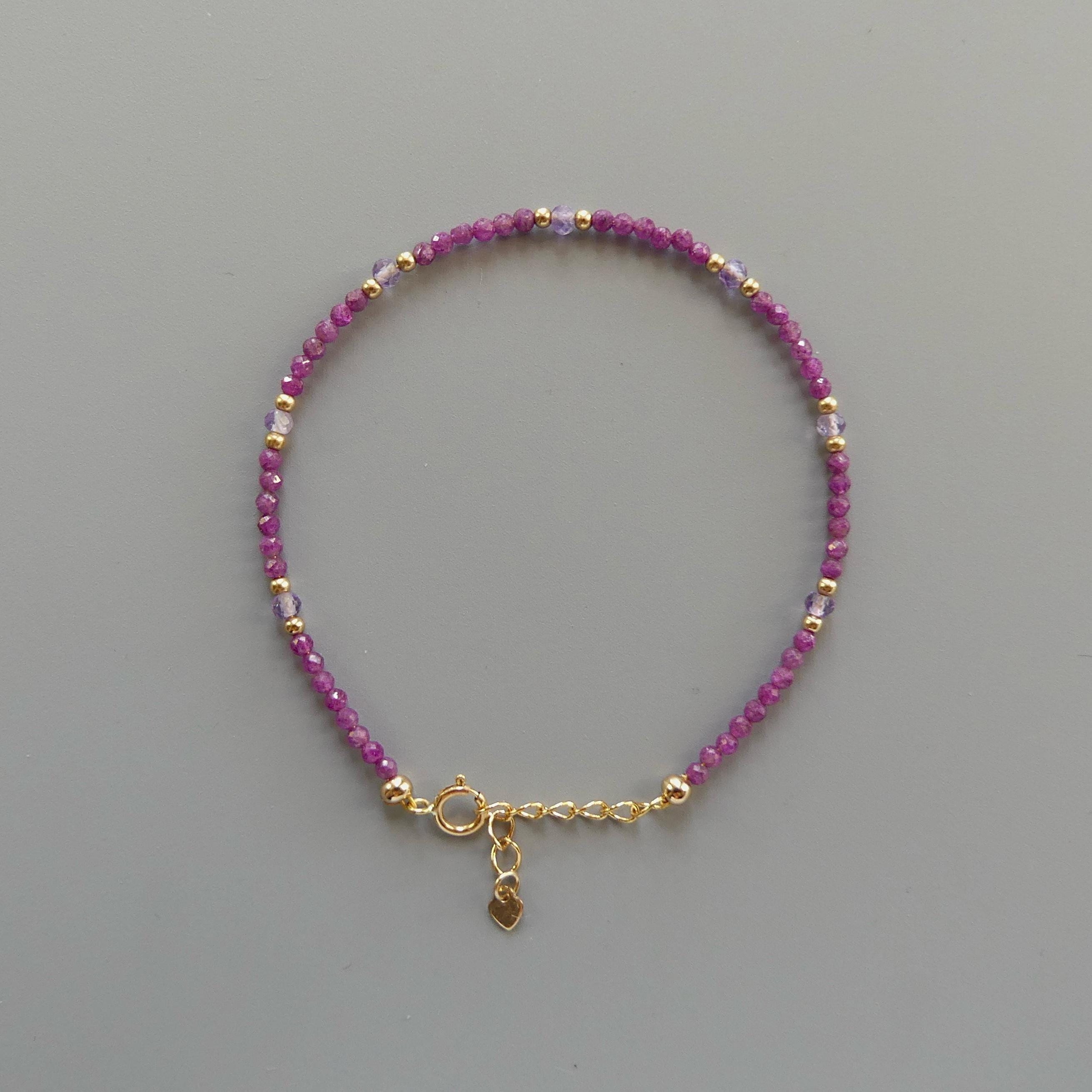 Tiny Ruby Bracelet Dainty Amethyst Gold Filled Bead Bracelet Silver Stacking Thin Birthstone Jewelry July Birthday Gift for Women Bridesmaid
