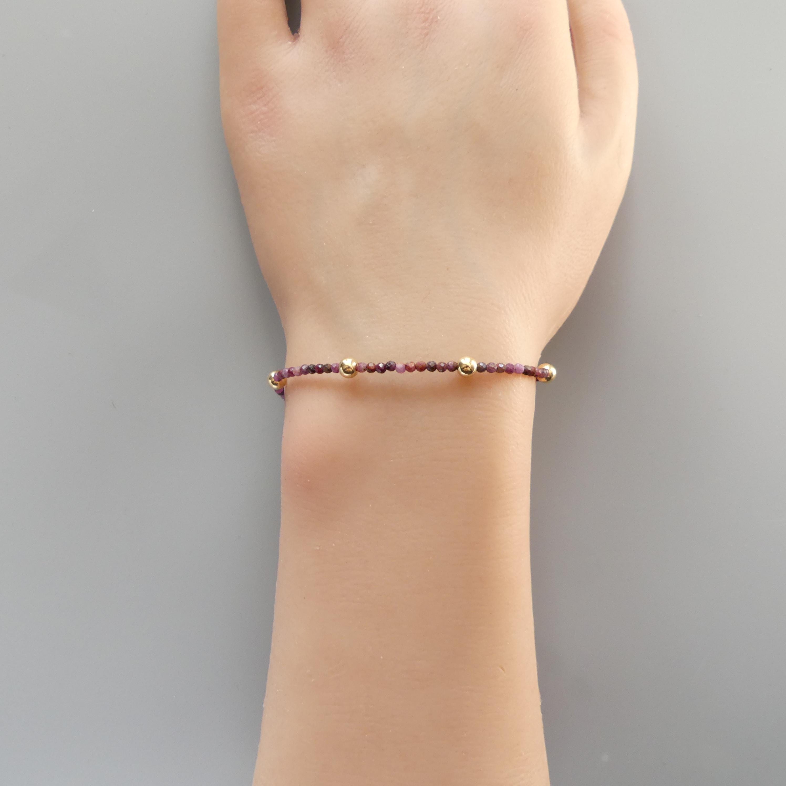 Tiny Ruby Bracelet Dainty Gold Filled Bead Minimalist Jewelry July Birthstone Pink Healing Bracelet Birthday Gift 40th Anniversary Mom Wife