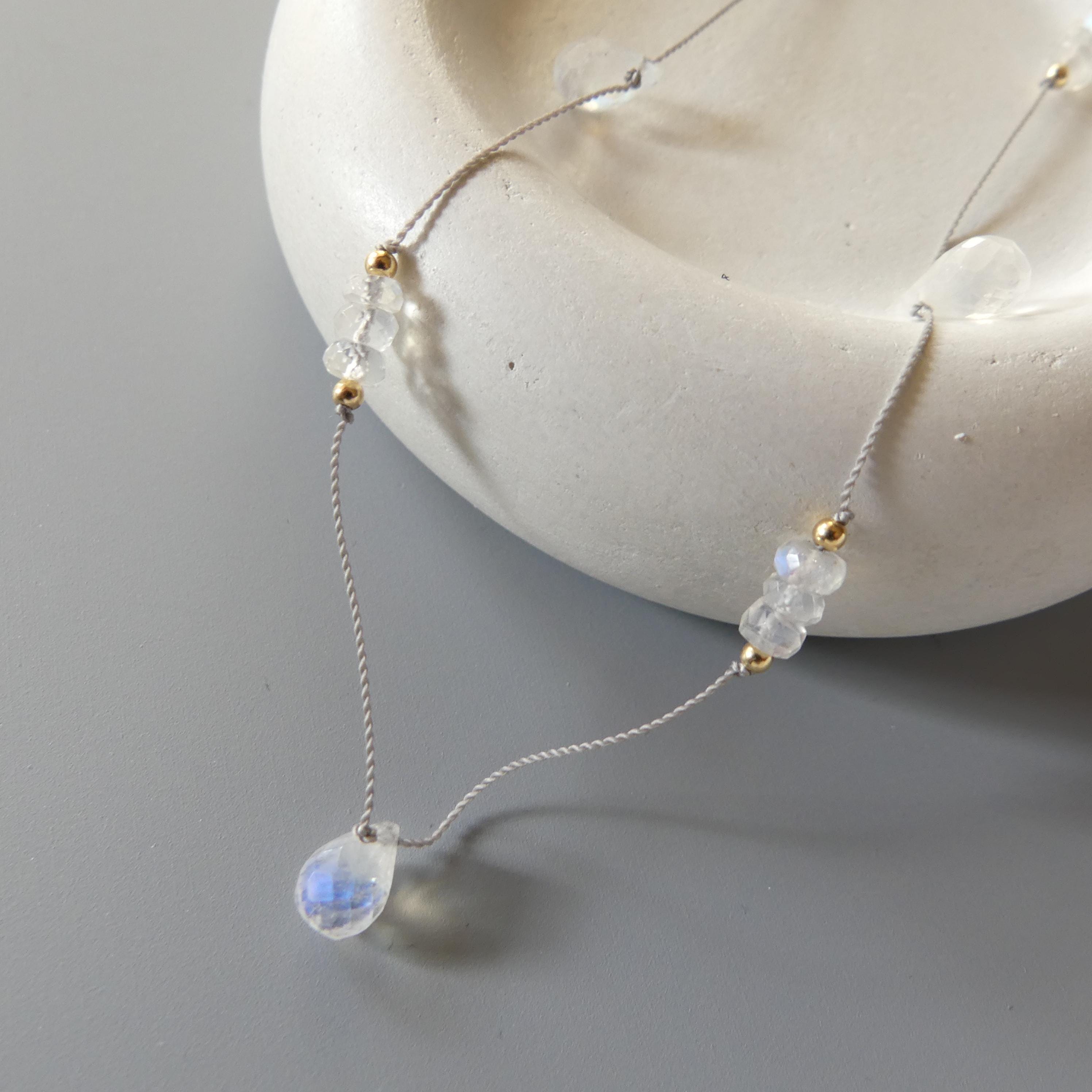Dainty Silk Necklace Moonstone Knotted Silk Necklace Beaded Choker Layering Necklace Gift for Women Bridal Jewelry June Birthstone Gift