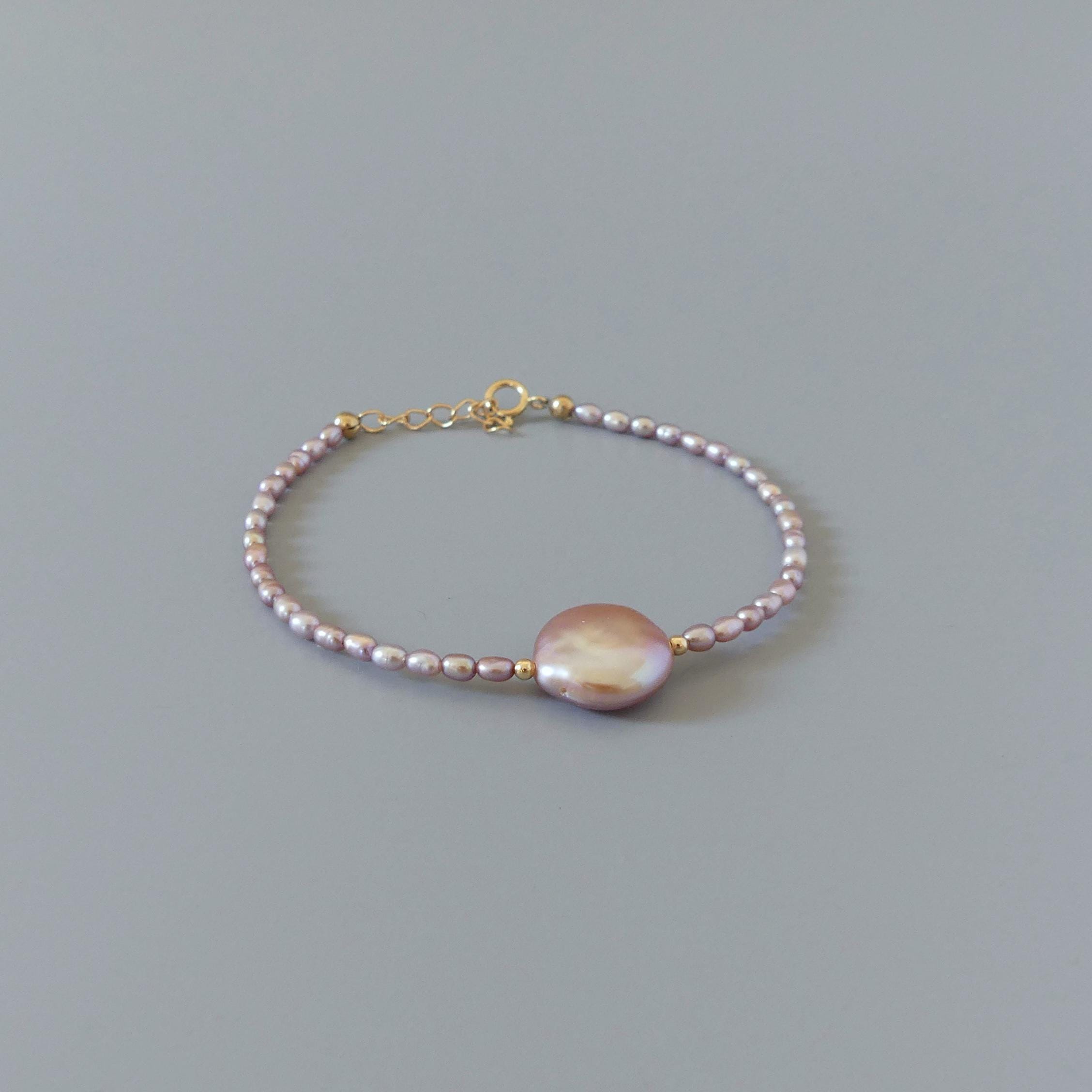 Natural Pink Pearl Bracelet Dainty Rice Shape Small Pearl Beads Minimalist Bridal Jewelry June Birthstone Birthday Gift 30th Anniversary