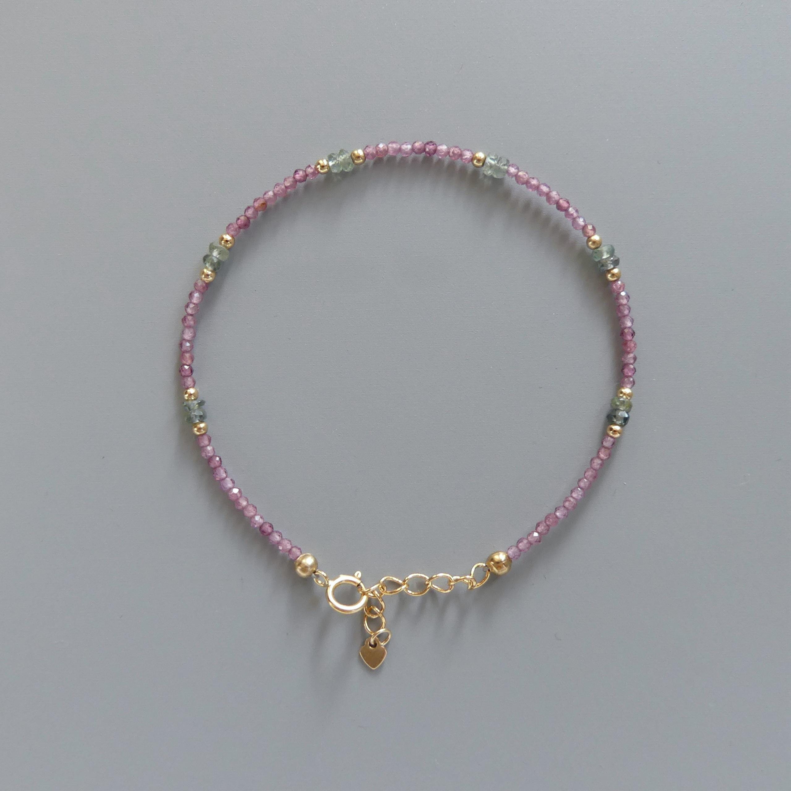 Tiny Pink Garnet Bracelet Dainty Green Sapphire Bracelet Gold Filled Crystal Jewelry Minimalist Everyday Bracelet Birthstone Gift Bridesmaid