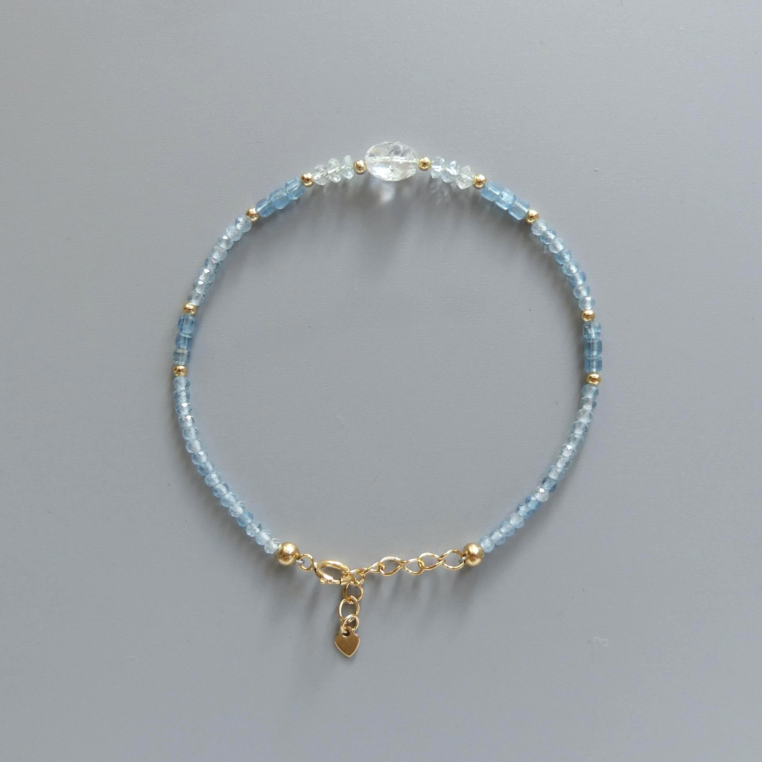 Tiny Aquamarine Bracelet Dainty Gold Filled Gemstone Beaded Bracelet Blue Crystal Jewelry Minimalist March Birthstone Bridesmaid Gift Idea