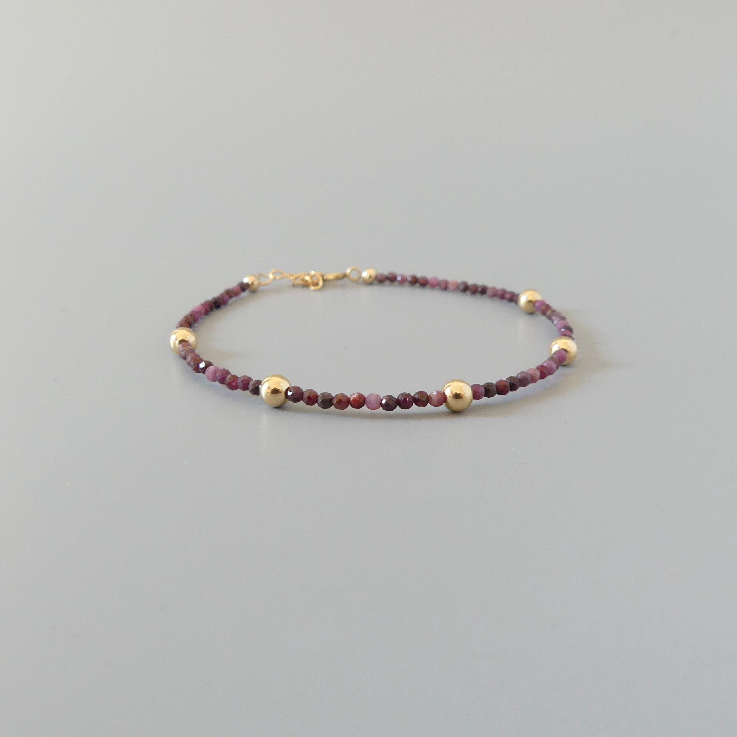 Tiny Ruby Bracelet Dainty Gold Filled Bead Minimalist Jewelry July Birthstone Pink Healing Bracelet Birthday Gift 40th Anniversary Mom Wife