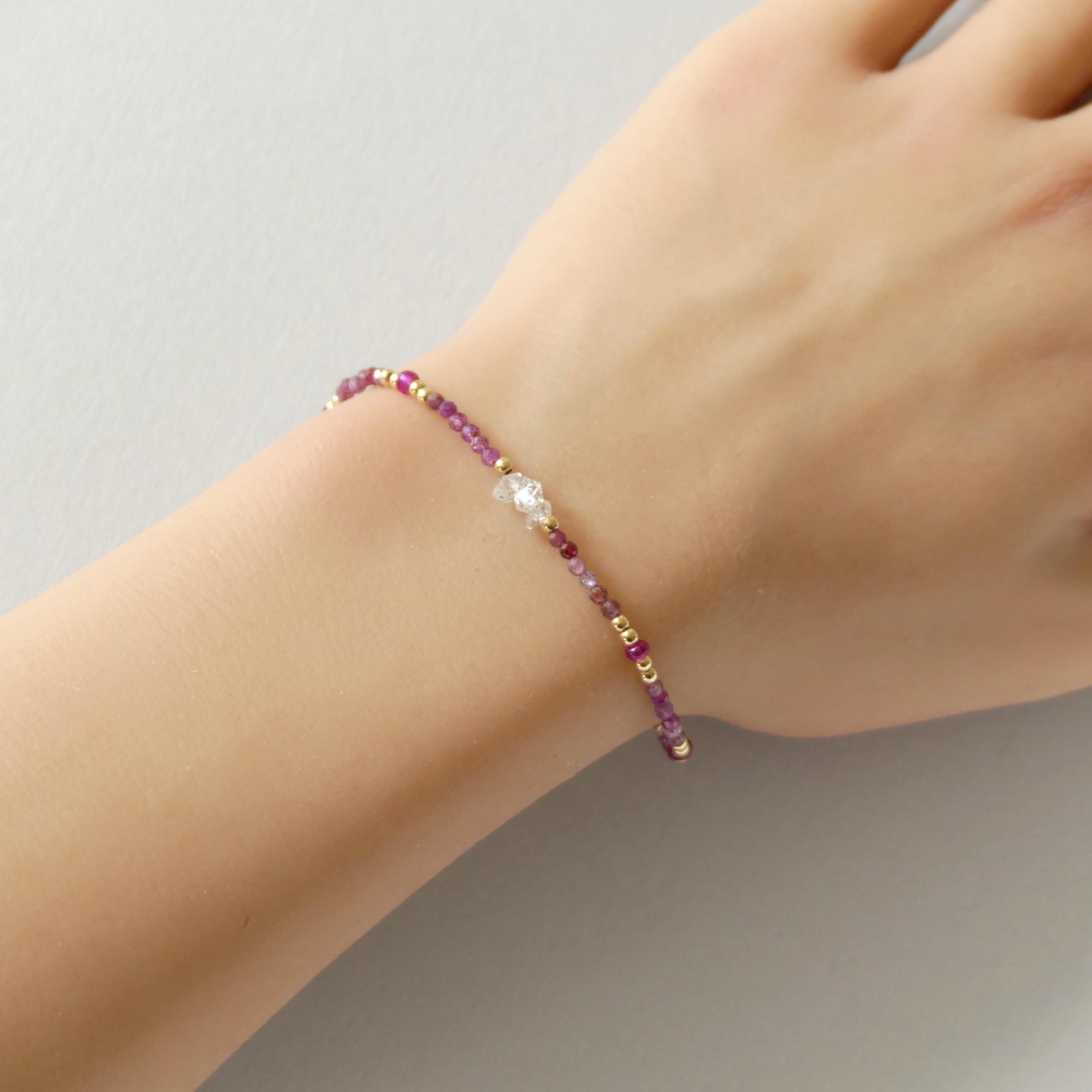 Tiny Ruby Bracelet Dainty Herkimer Diamond Gold Filled Bead Bracelet Silver Stacking Thin Birthstone Jewelry July Birthday Gift for Women