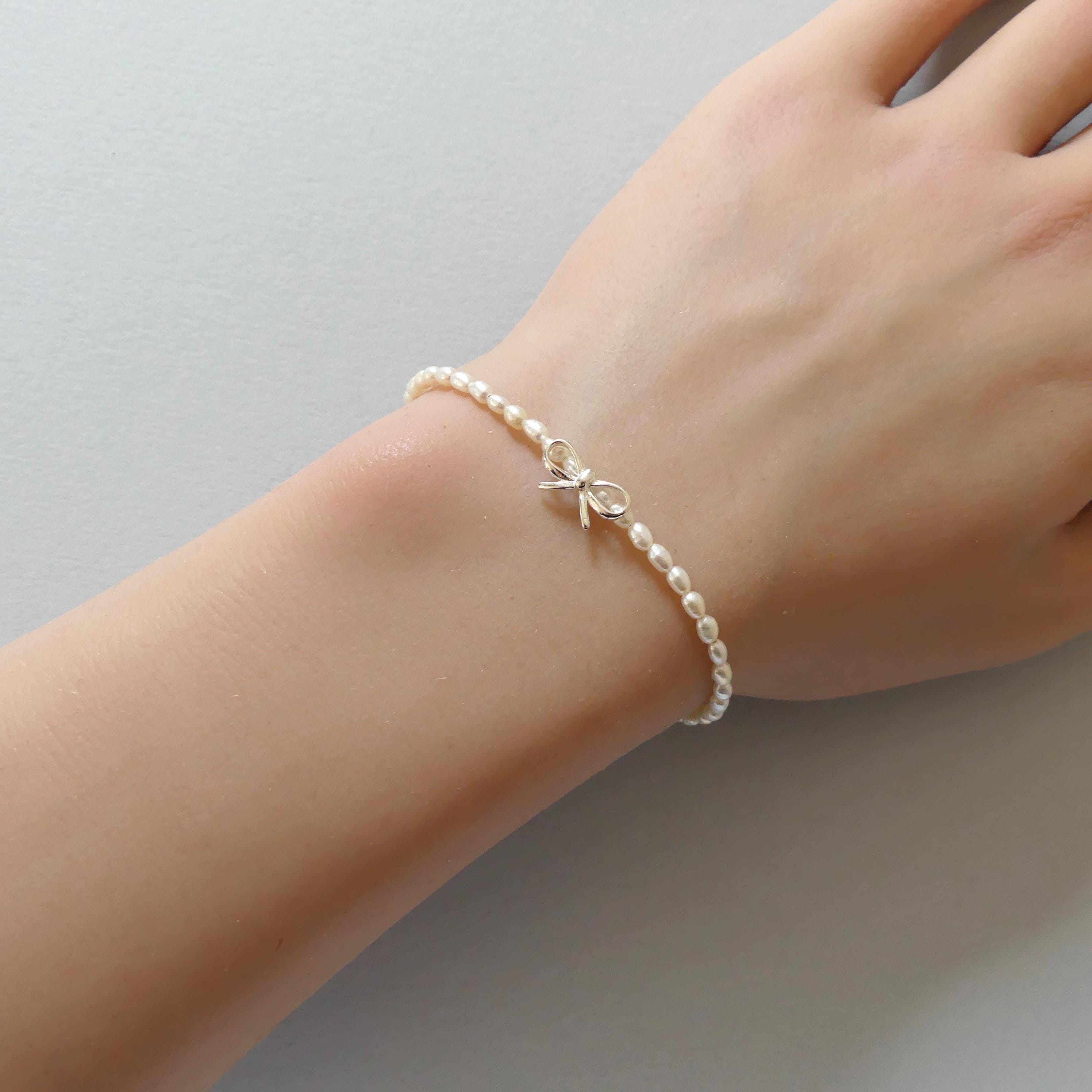 Natural Pearl Bracelet Dainty Silver Bow Charm Minimalist Jewelry Bridal Delicate Real Pearl June Birthstone Bridesmaid Gift Idea