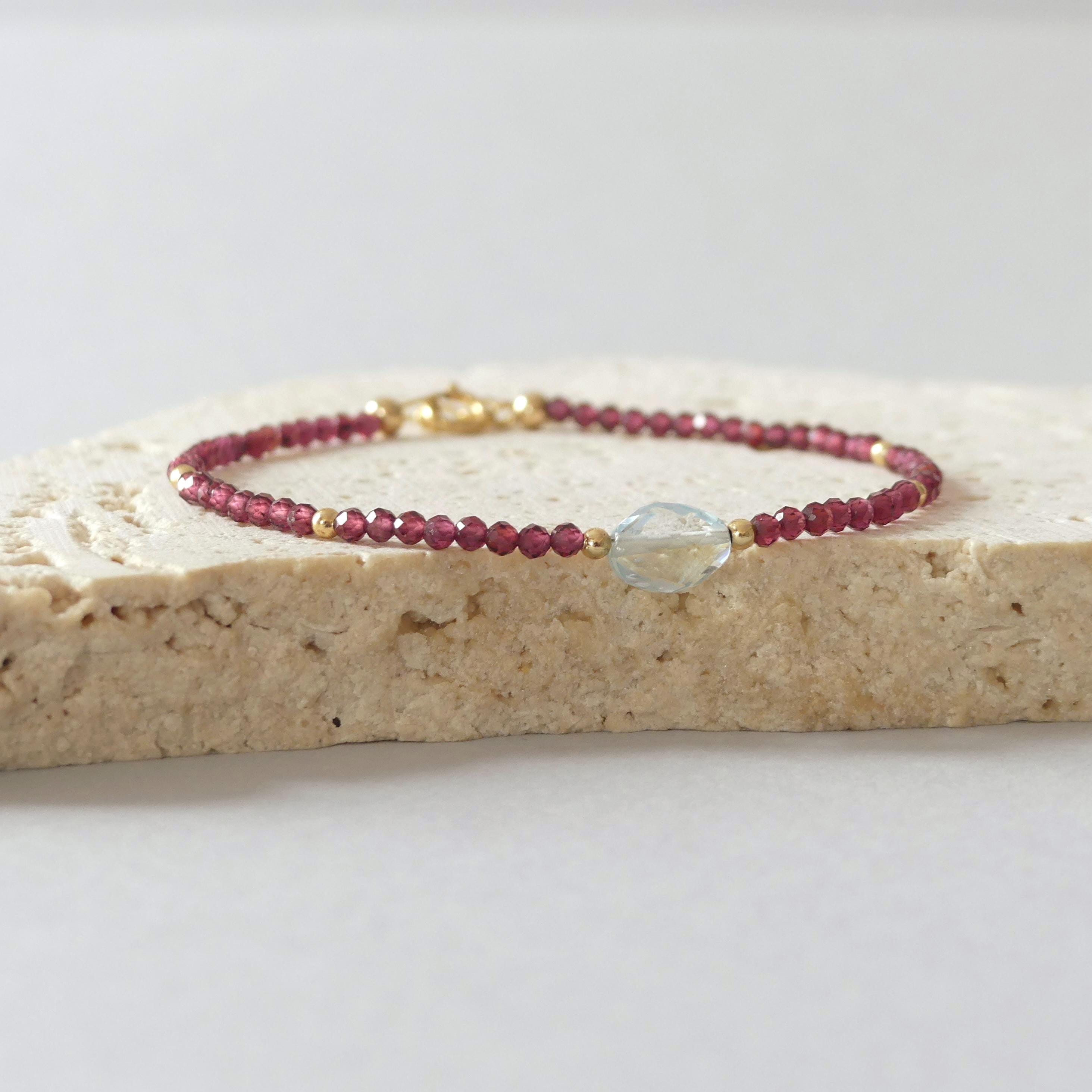 Tiny Garnet Bracelet Dainty Aquamarine Gemstone Beaded Bracelet Crystal Minimalist Jewelry January Birthstone March Birthday Gift for Women
