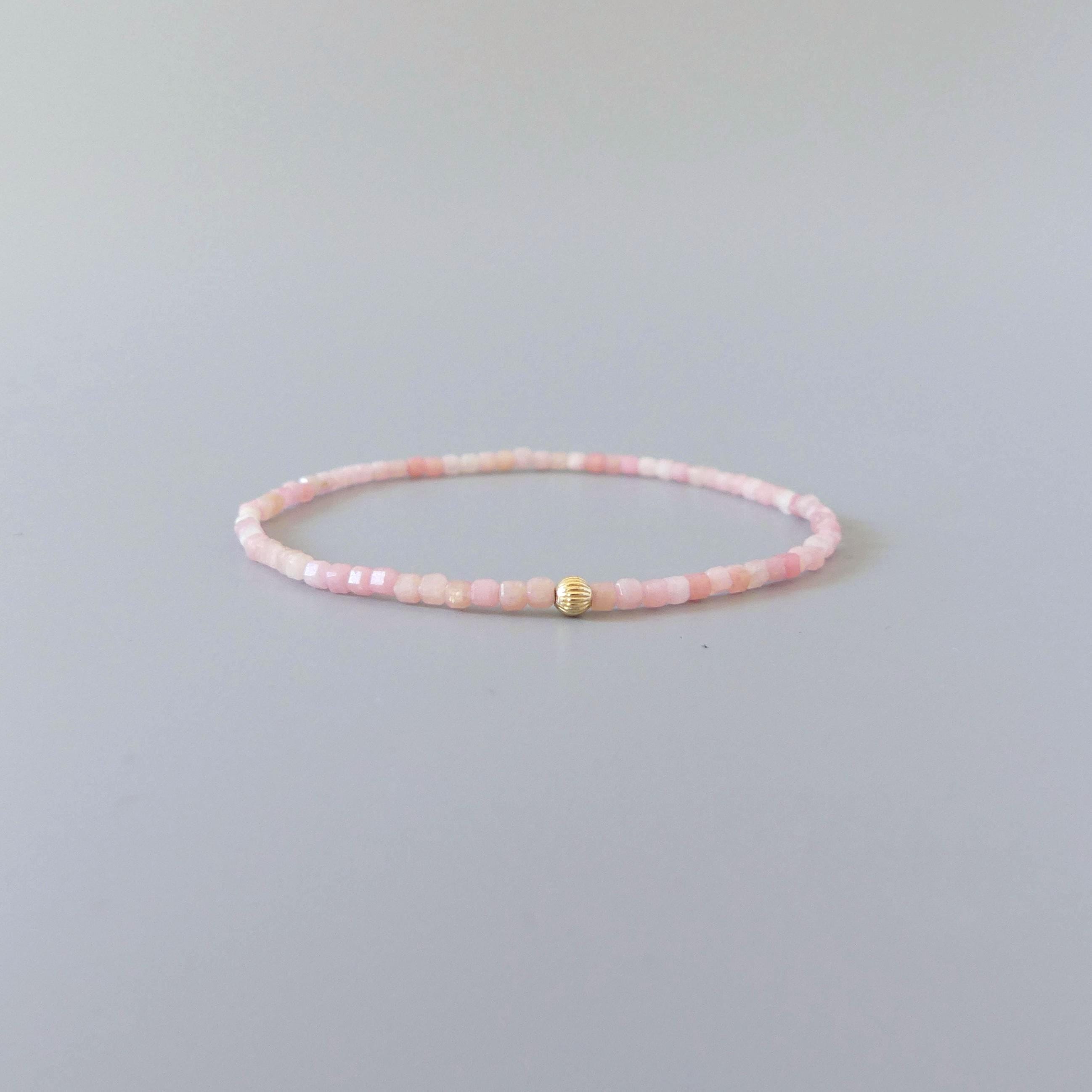 Dainty Pink Opal Bracelet Stretch Skinny Gemstone Bead Bracelet October Birthstone Minimalist Jewelry Mom Birthday Self Care Gift Wife Mom