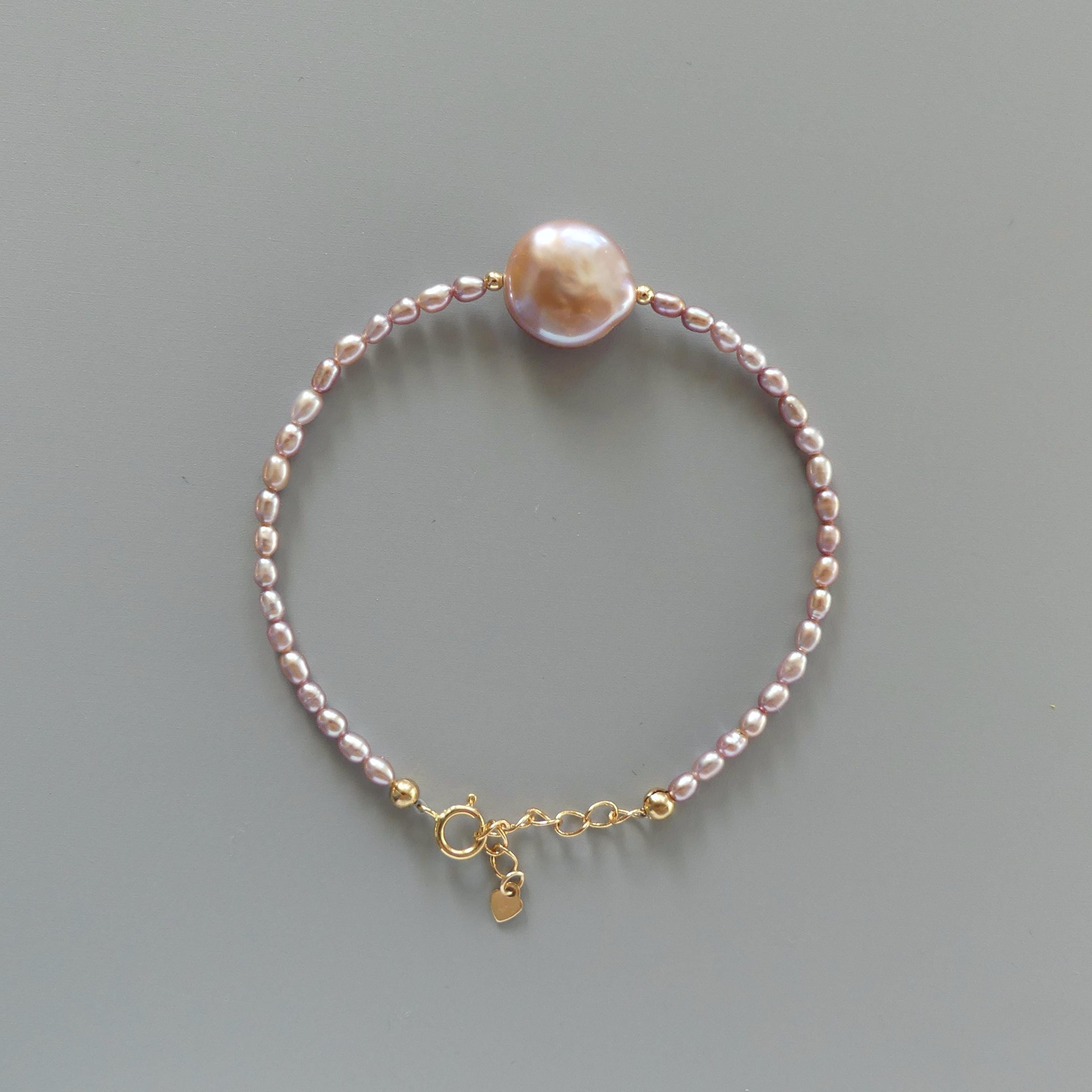 Natural Pink Pearl Bracelet Dainty Rice Shape Small Pearl Beads Minimalist Bridal Jewelry June Birthstone Birthday Gift 30th Anniversary