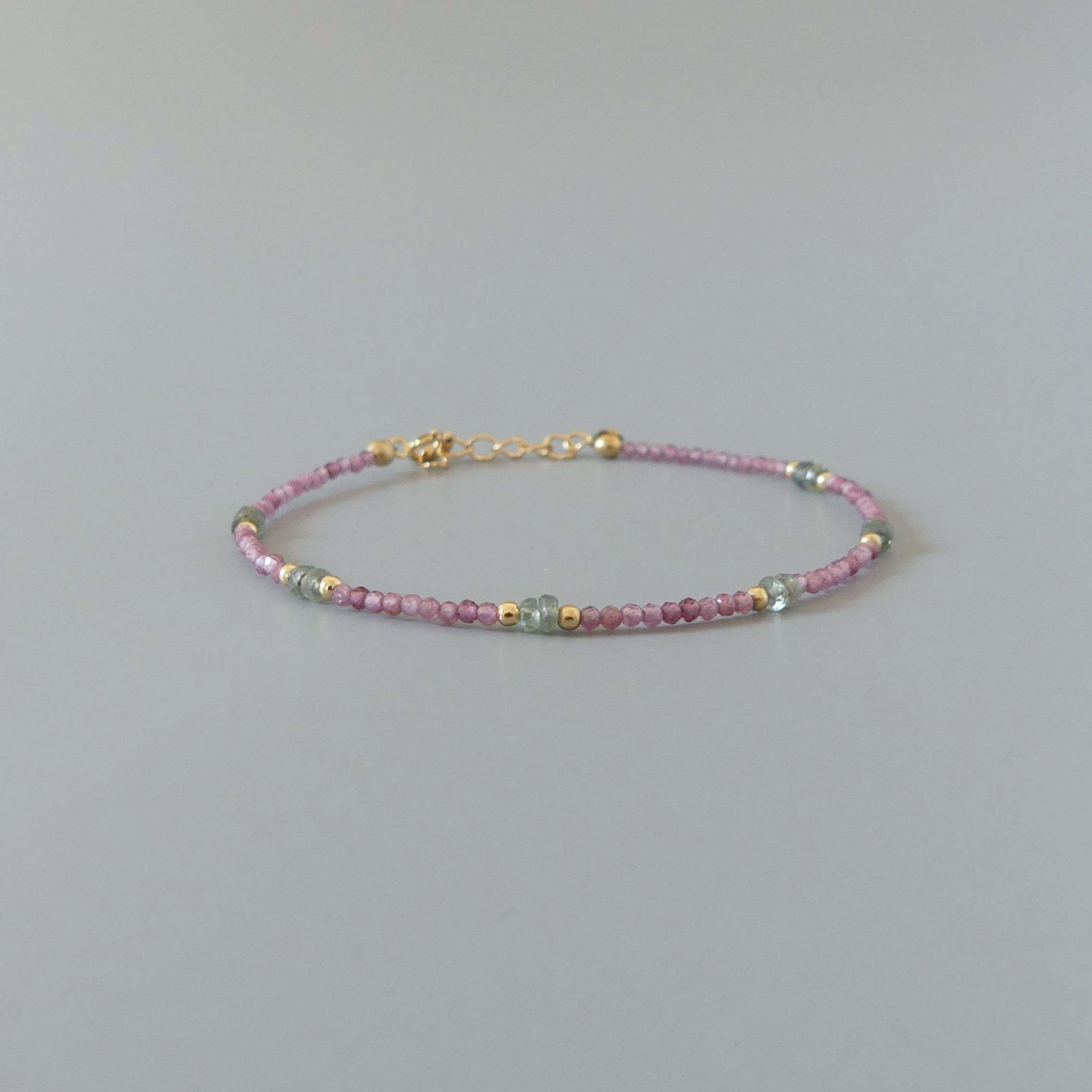 Tiny Pink Garnet Bracelet Dainty Green Sapphire Bracelet Gold Filled Crystal Jewelry Minimalist Everyday Bracelet Birthstone Gift Bridesmaid