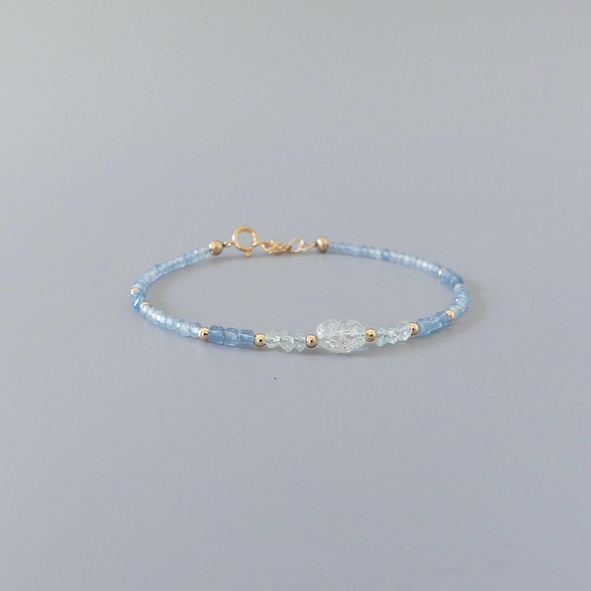 Tiny Aquamarine Bracelet Dainty Gold Filled Gemstone Beaded Bracelet Blue Crystal Jewelry Minimalist March Birthstone Bridesmaid Gift Idea