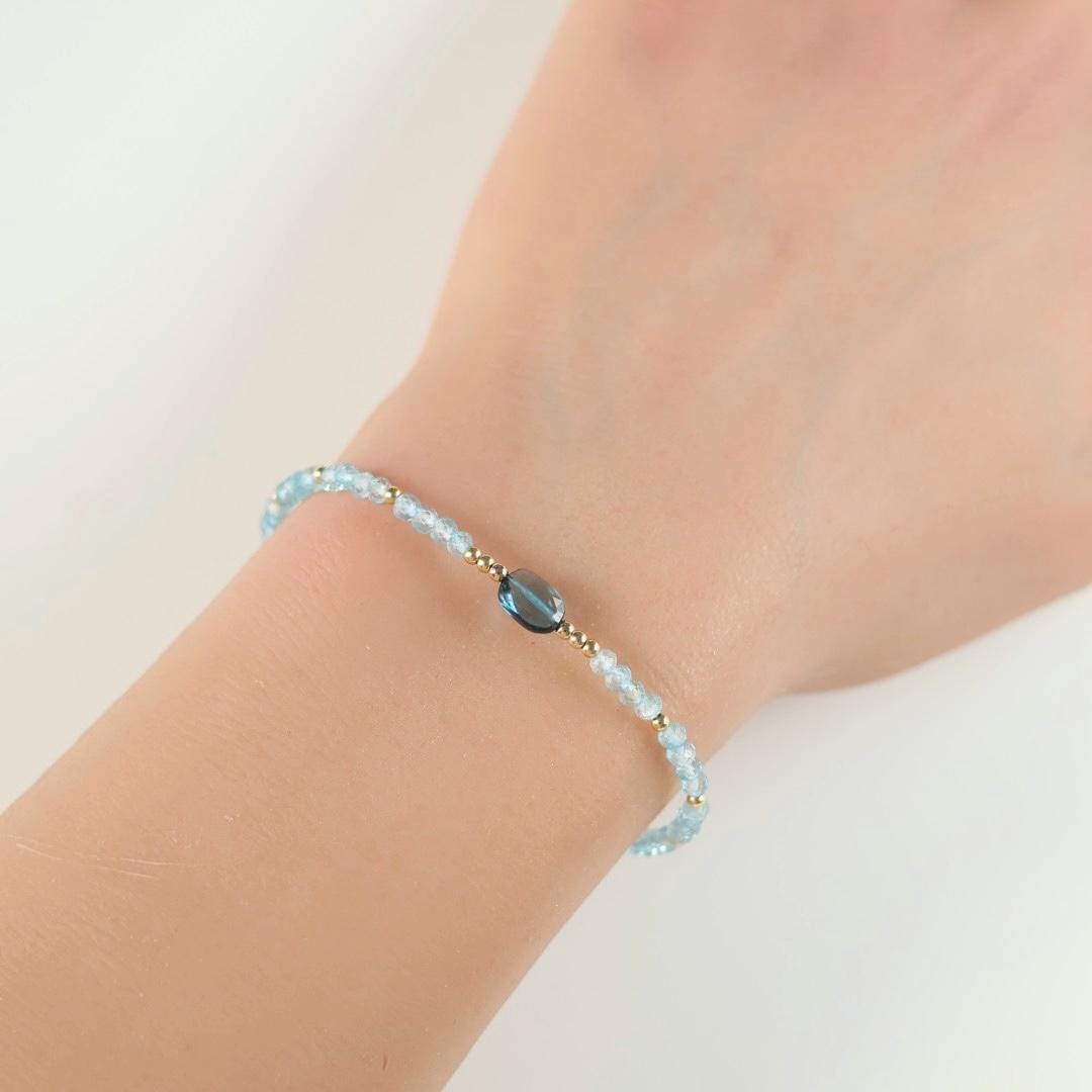 London Blue Topaz Bracelet Dainty Gemstone Beaded Jewelry Minimalist Gold Filled December Birthstone Gift Mom Wife Bridesmaid Gift Idea