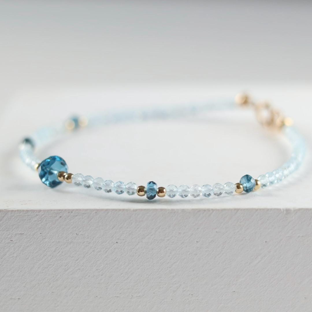 London Blue Topaz Bracelet Dainty Gemstone Beaded Jewelry Minimalist Gold Filled December Birthstone Gift Mom Wife Bridesmaid Gift Idea
