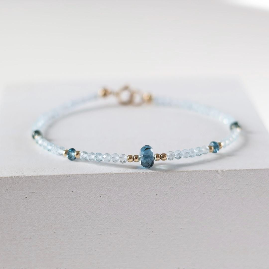 London Blue Topaz Bracelet Dainty Gemstone Beaded Jewelry Minimalist Gold Filled December Birthstone Gift Mom Wife Bridesmaid Gift Idea