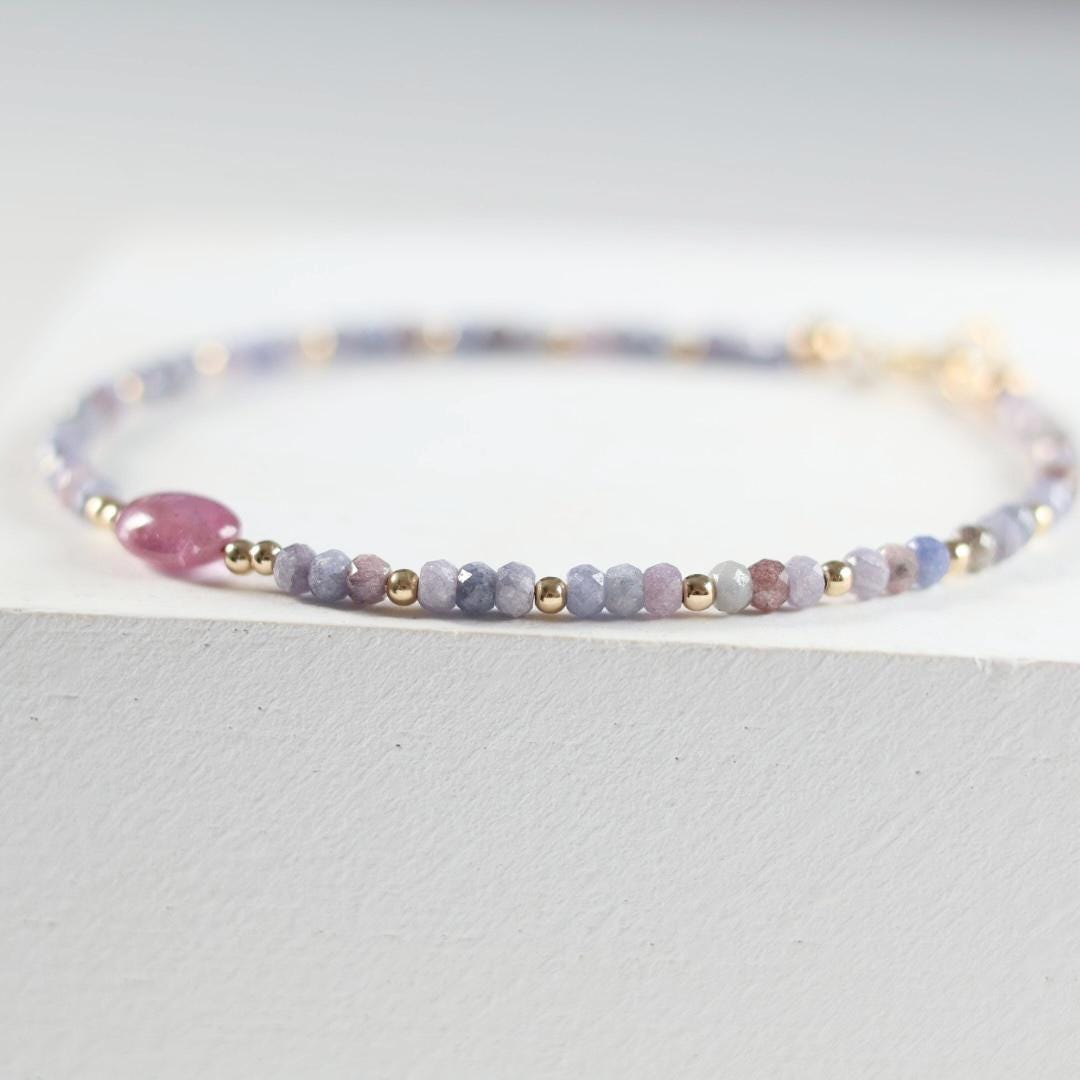 Lavender Sapphire Bracelet Dainty Pink Gemstone Beaded Bracelet Crystal Minimalist Jewelry September Birthstone Gift for Women Wife Daughter