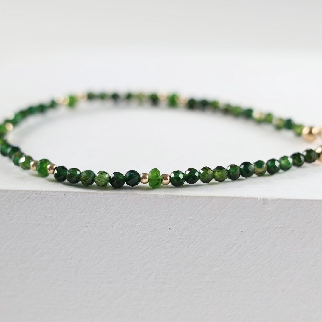 Green Tourmaline Bracelet Dainty Gemstone Beaded Bracelet Green Crystal Jewelry Minimalist Gold Filled October Birthstone Gift for Women
