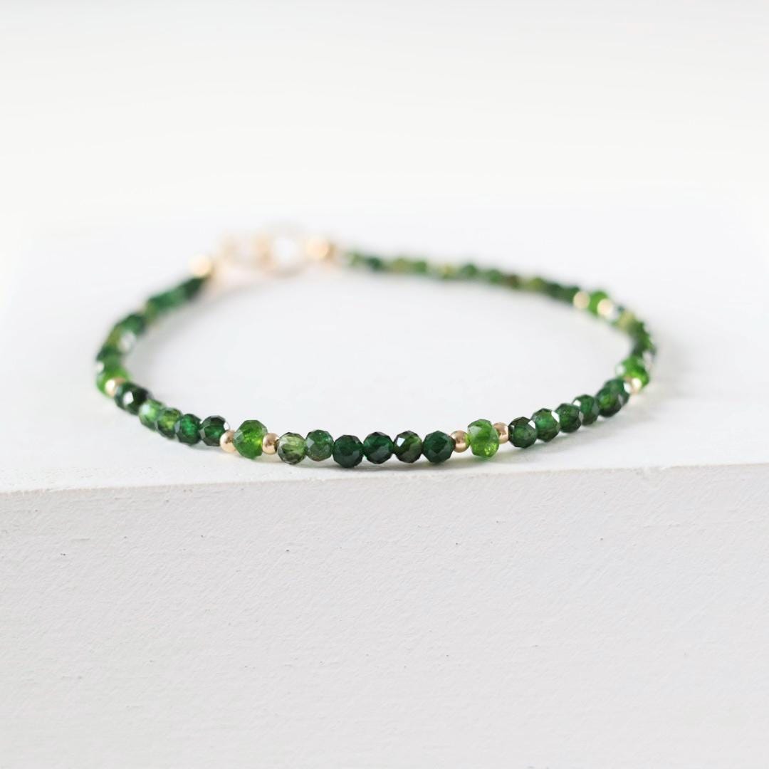 Green Tourmaline Bracelet Dainty Gemstone Beaded Bracelet Green Crystal Jewelry Minimalist Gold Filled October Birthstone Gift for Women