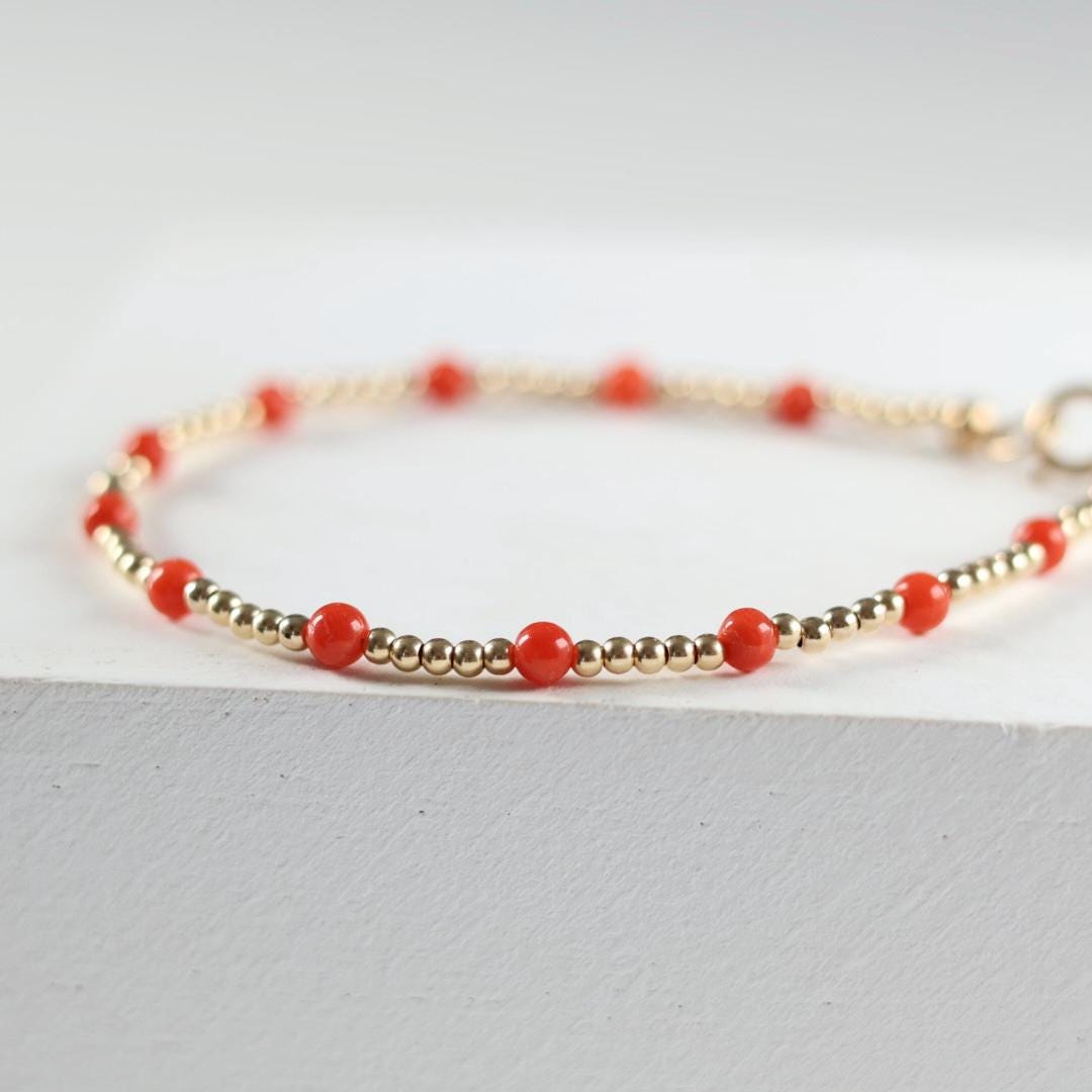 Italian Coral Bracelet Dainty Red Coral Jewelry Minimalist Gold Filled Beads Bracelet October Birthstone 35th anniversary gift bridesmaid