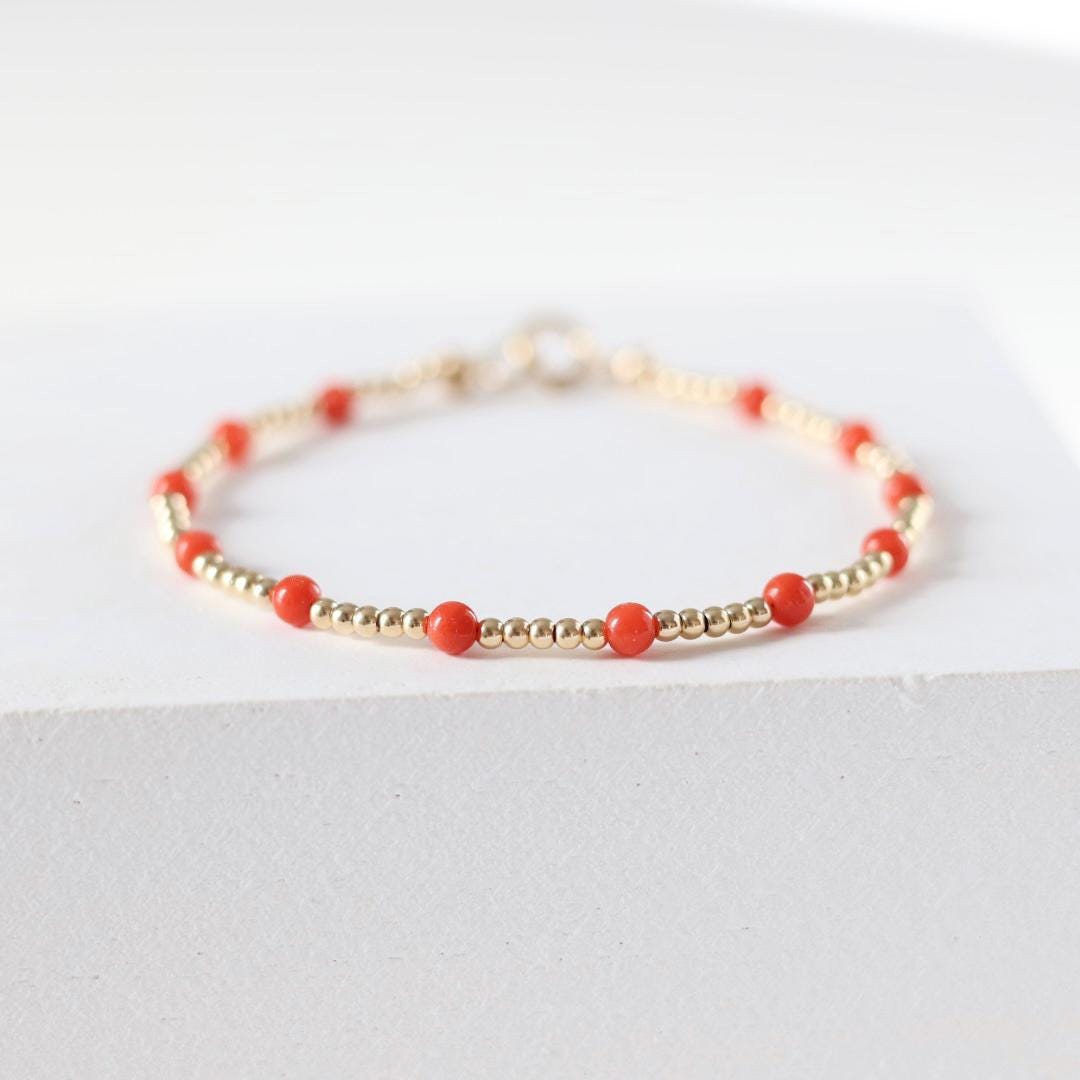 Italian Coral Bracelet Dainty Red Coral Jewelry Minimalist Gold Filled Beads Bracelet October Birthstone 35th anniversary gift bridesmaid