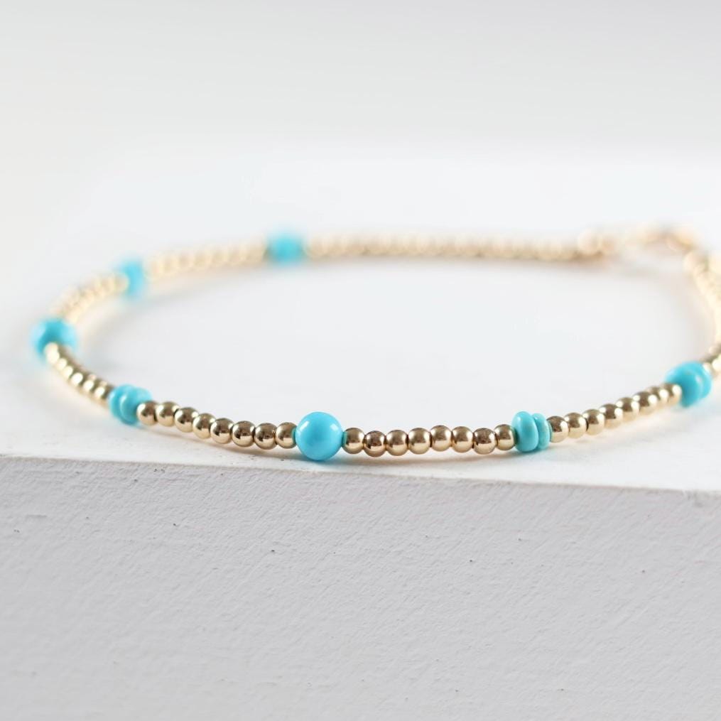 Sleeping Beauty Turquoise Bracelet Dainty Gold Filled Beads December Birthstone Minimalist Jewelry Silver Bracelet Birthday Gift Bride Wife