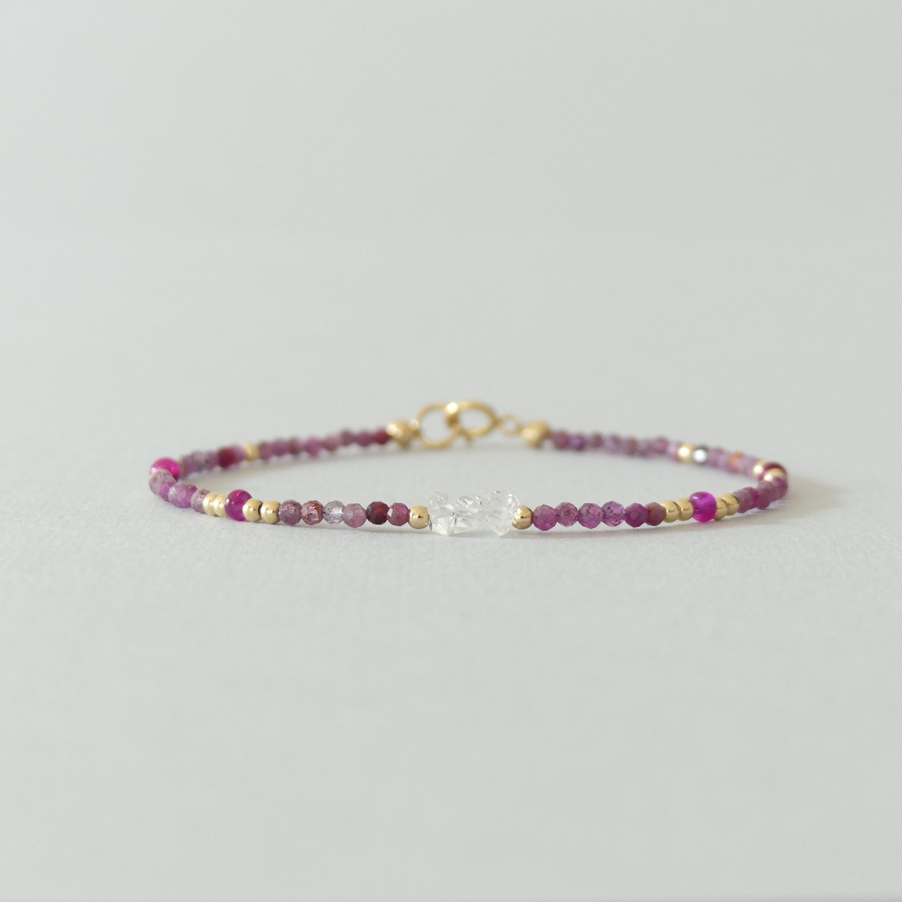 Tiny Ruby Bracelet Dainty Herkimer Diamond Gold Filled Bead Bracelet Silver Stacking Thin Birthstone Jewelry July Birthday Gift for Women