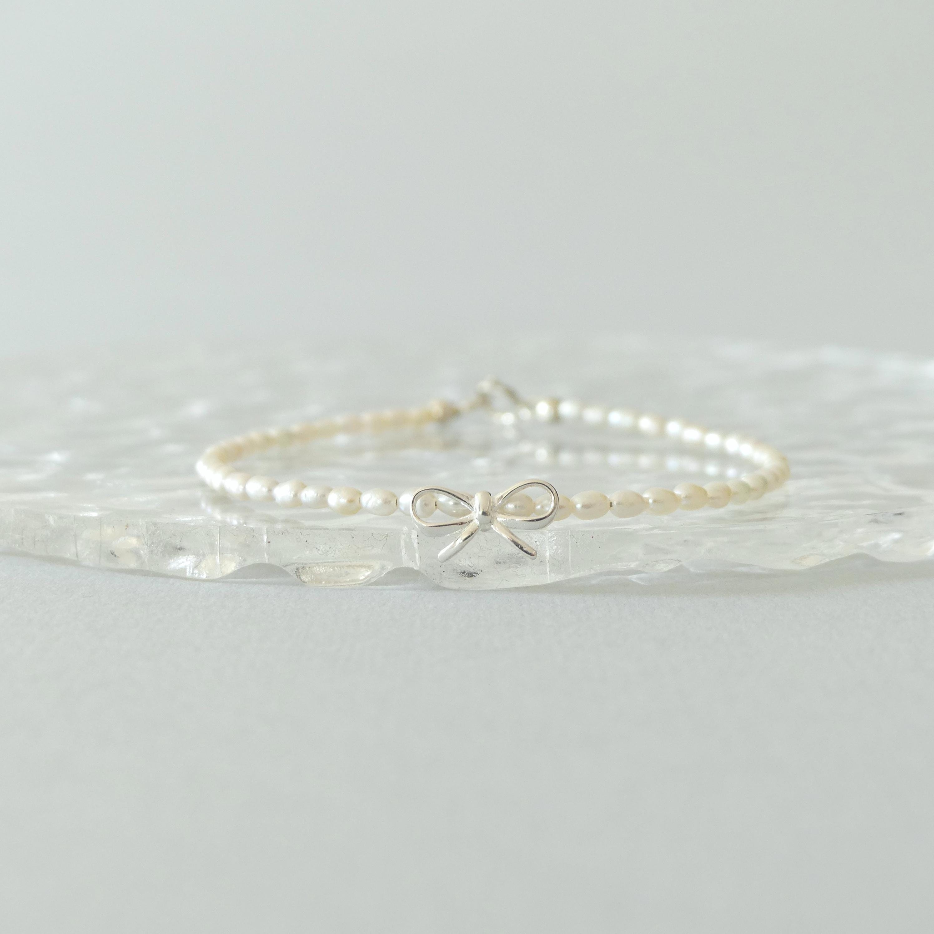 Natural Pearl Bracelet Dainty Silver Bow Charm Minimalist Jewelry Bridal Delicate Real Pearl June Birthstone Bridesmaid Gift Idea