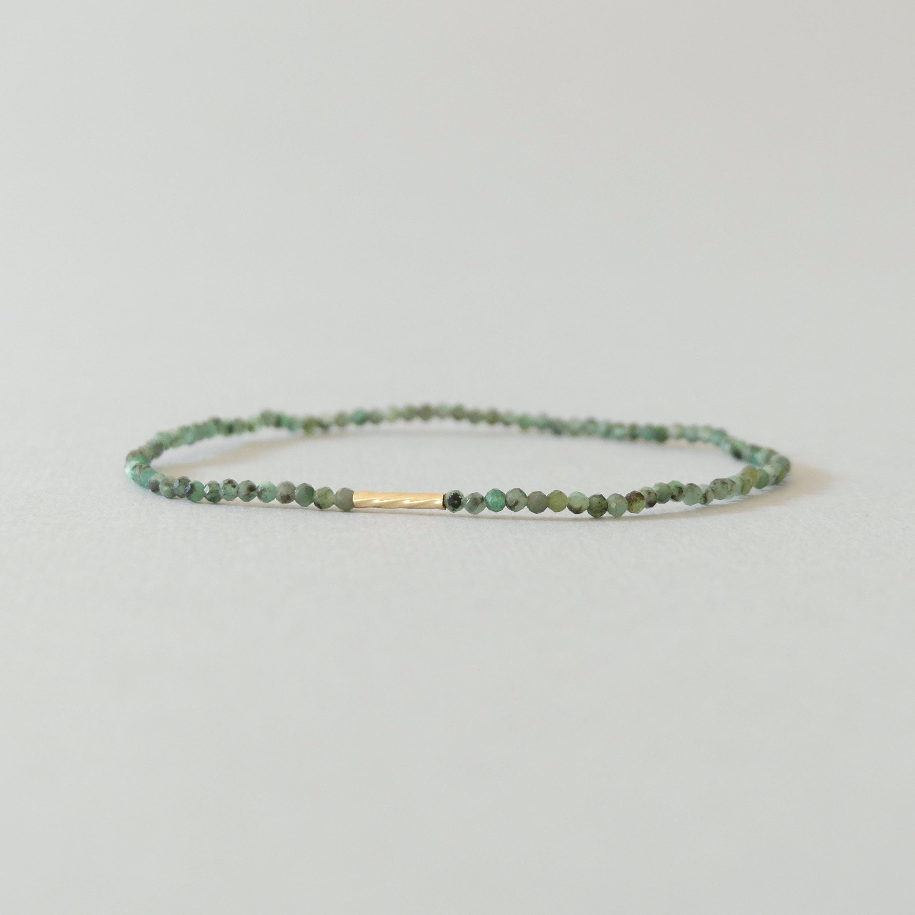 Dainty Emerald Stretch Bracelet Simple Gold Filled Bar Beaded Bracelet Minimalist May Birthstone Gift 20th Anniversary Bridesmaid Gift