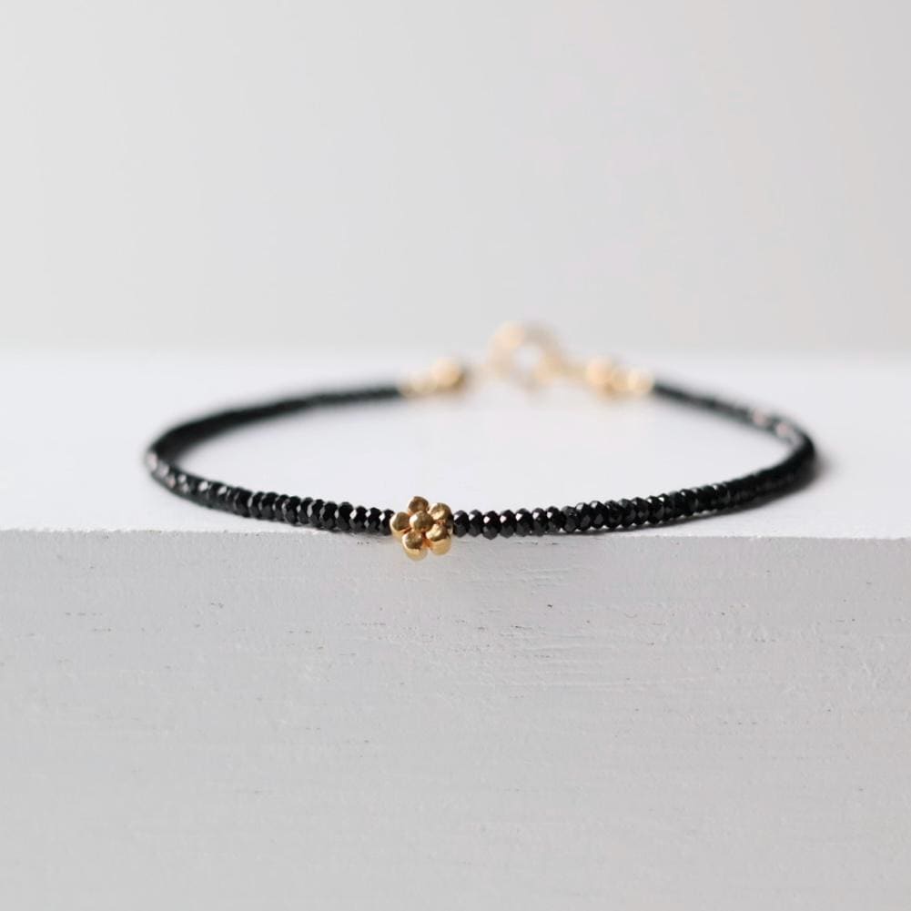 Tiny Black Spinel Bracelet Dainty Flower Charm Bracelet Daisy Silver Bracelet Gemstone Beaded Crystal Jewelry Minimalist Gift for Women