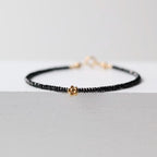 Tiny Black Spinel Bracelet Dainty Flower Charm Bracelet Daisy Silver Bracelet Gemstone Beaded Crystal Jewelry Minimalist Gift for Women