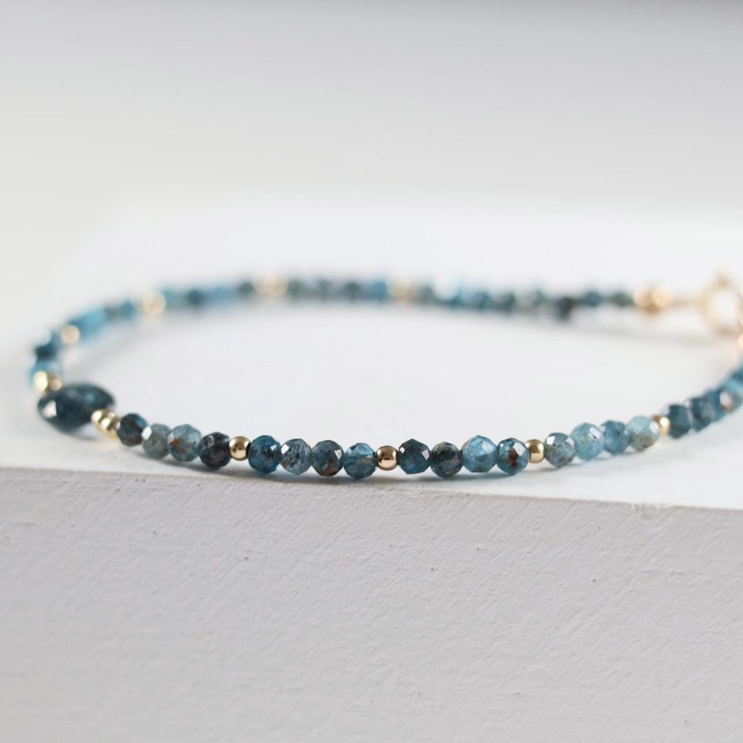 Teal Kyanite Bracelet Dainty Gold Filled Beaded Bracelet Minimalist Jewelry Everyday Thin Bracelet Birthday Gift for Women Bridesmaid Gift