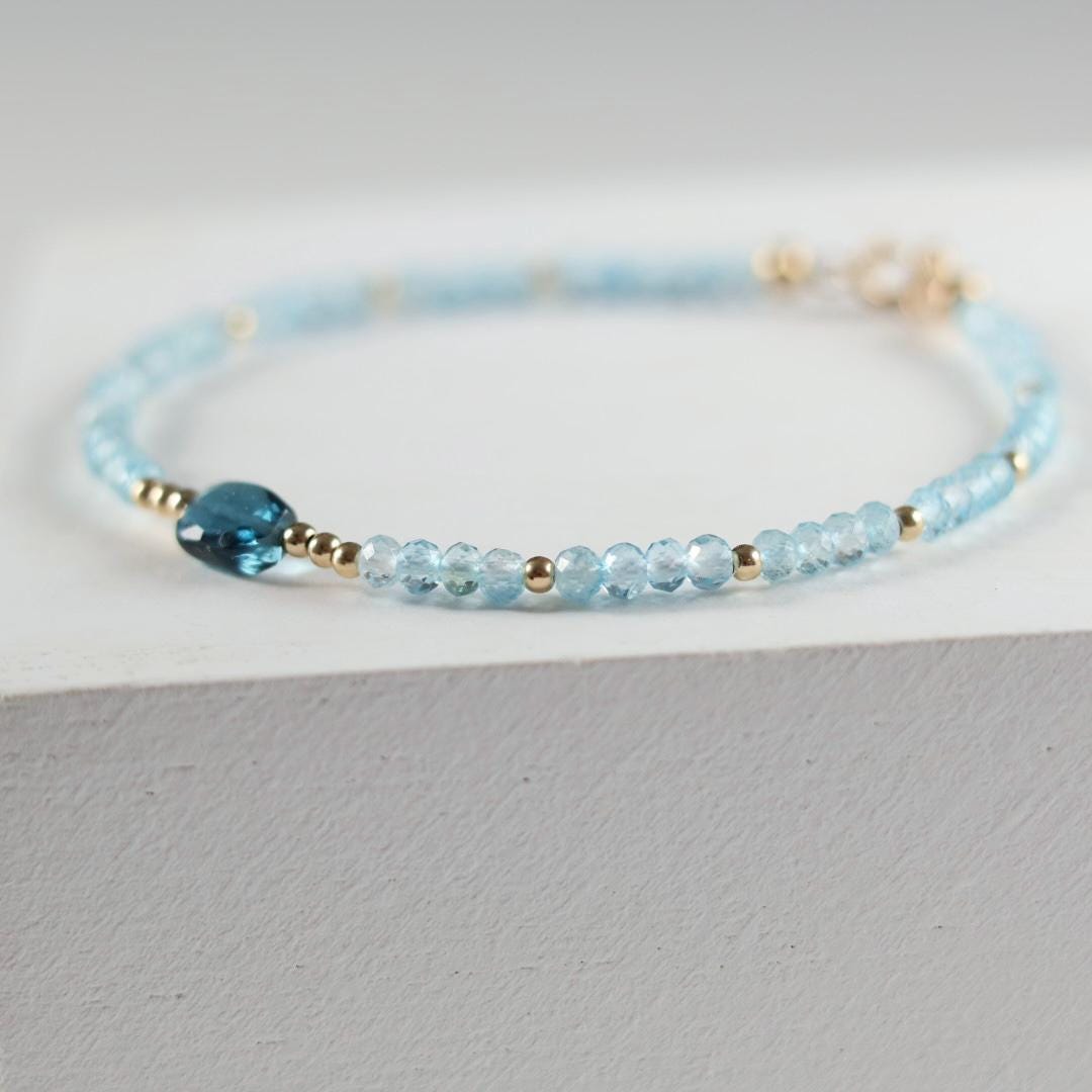 London Blue Topaz Bracelet Dainty Gemstone Beaded Jewelry Minimalist Gold Filled December Birthstone Gift Mom Wife Bridesmaid Gift Idea