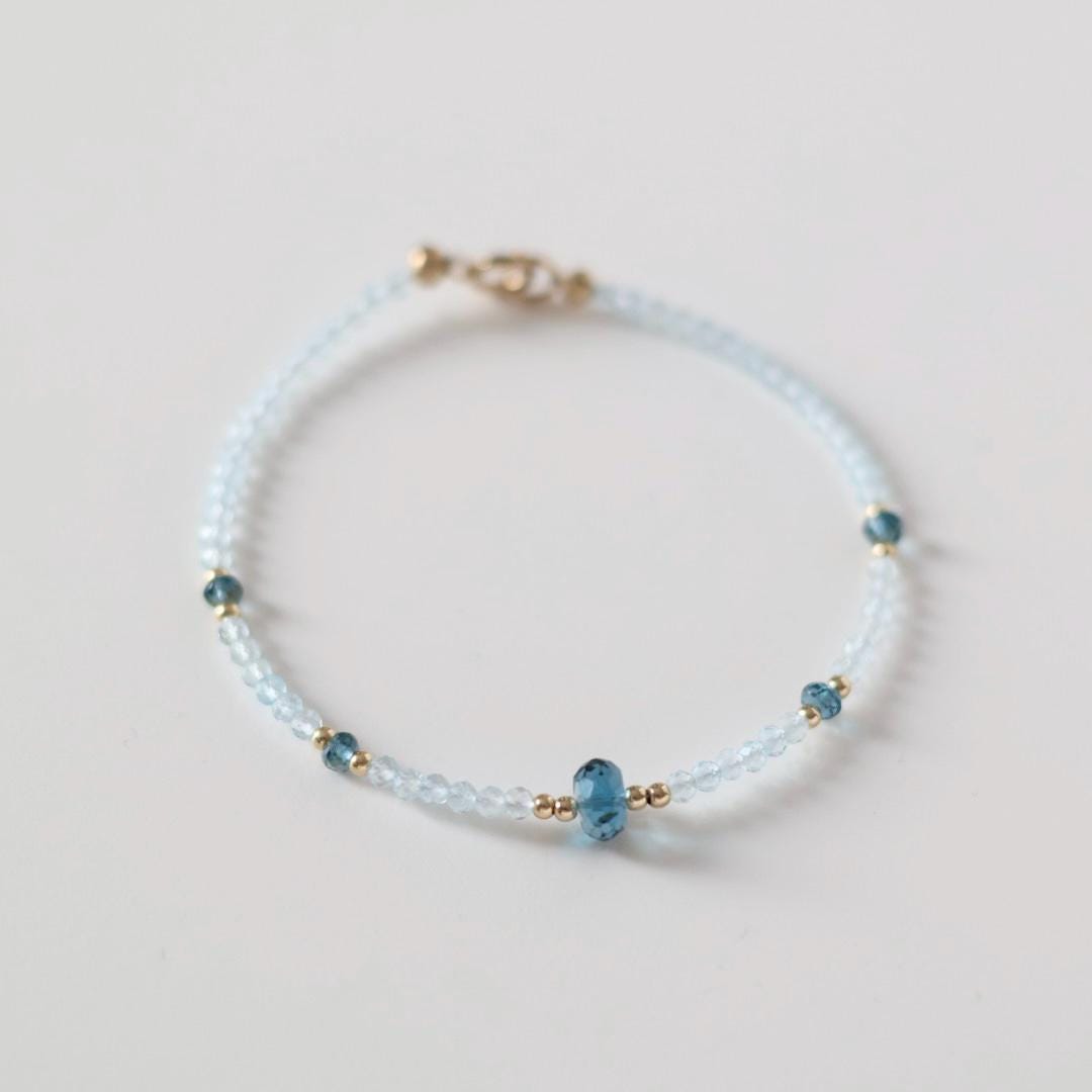 London Blue Topaz Bracelet Dainty Gemstone Beaded Jewelry Minimalist Gold Filled December Birthstone Gift Mom Wife Bridesmaid Gift Idea