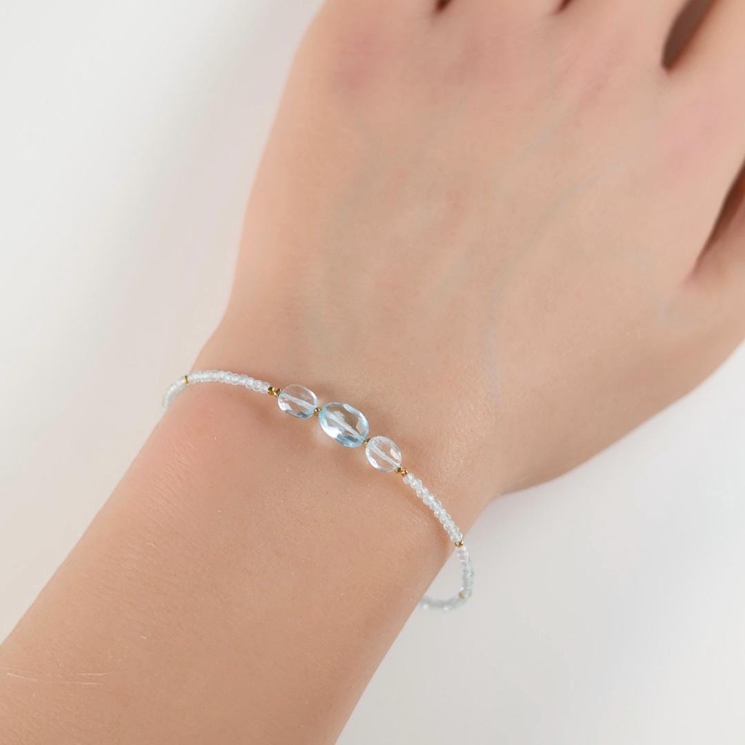 Dainty Sky Blue Topaz Bracelet Tiny Gemstone Beaded Jewelry Minimalist Gold Filled December Birthstone Gift Mom Wife Bridesmaid Gift Idea