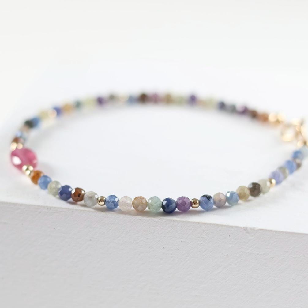 Tiny Multi Sapphire Bracelet Dainty Colorful Sapphire Gemstone Beaded Bracelet Jewelry Minimalist September Birthstone Birthday Gift Wife