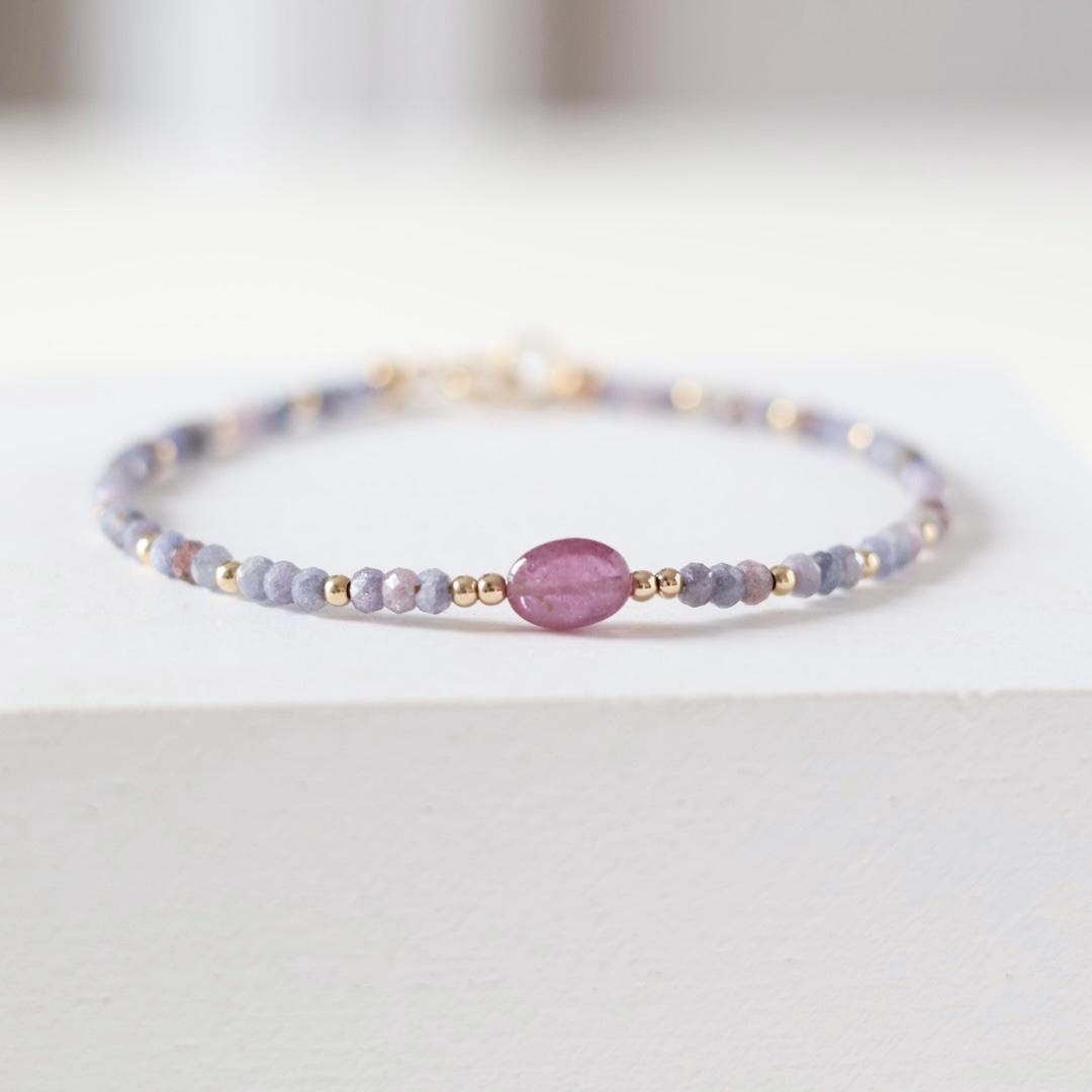 Lavender Sapphire Bracelet Dainty Pink Gemstone Beaded Bracelet Crystal Minimalist Jewelry September Birthstone Gift for Women Wife Daughter
