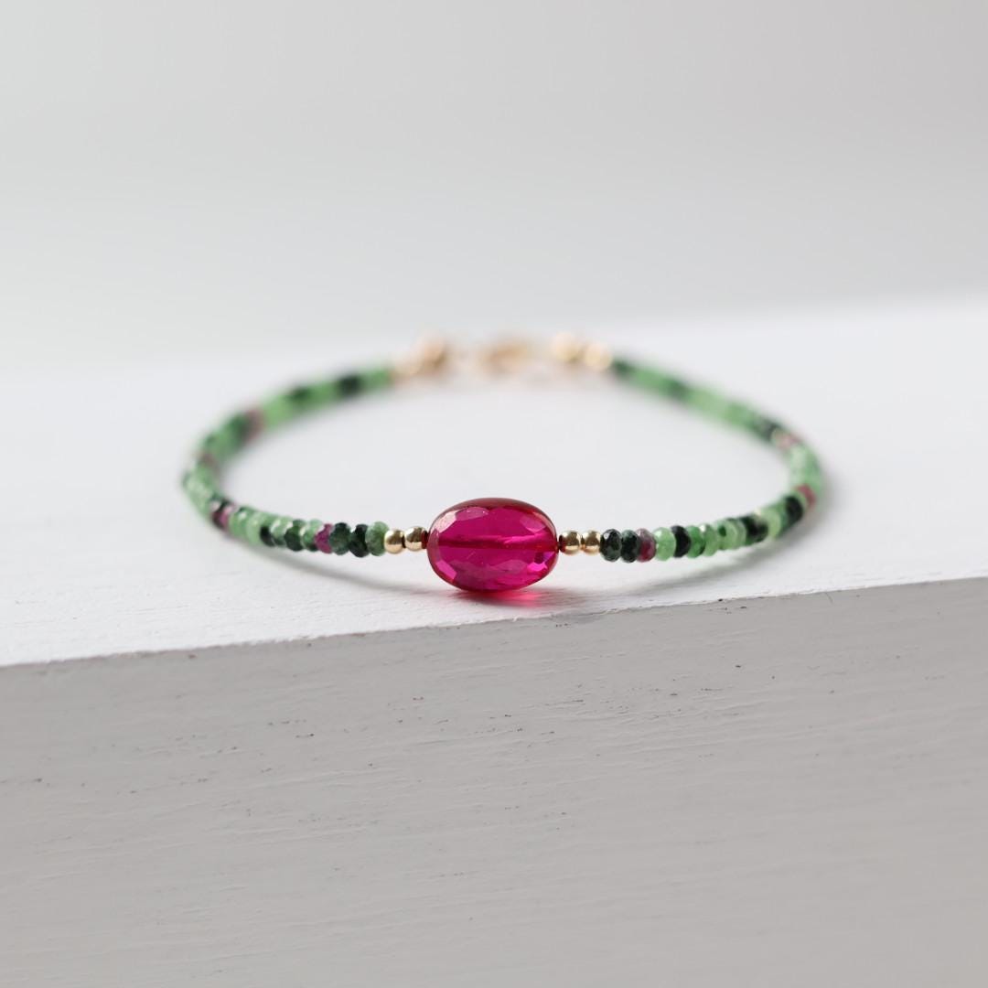 Ruby Zoisite Bracelet Dainty Ruby Beaded Bracelet Gold Filled Crystal Minimalist Jewelry Healing July Birthstone Birthday Gift for Women