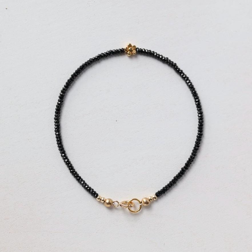 Tiny Black Spinel Bracelet Dainty Flower Charm Bracelet Daisy Silver Bracelet Gemstone Beaded Crystal Jewelry Minimalist Gift for Women