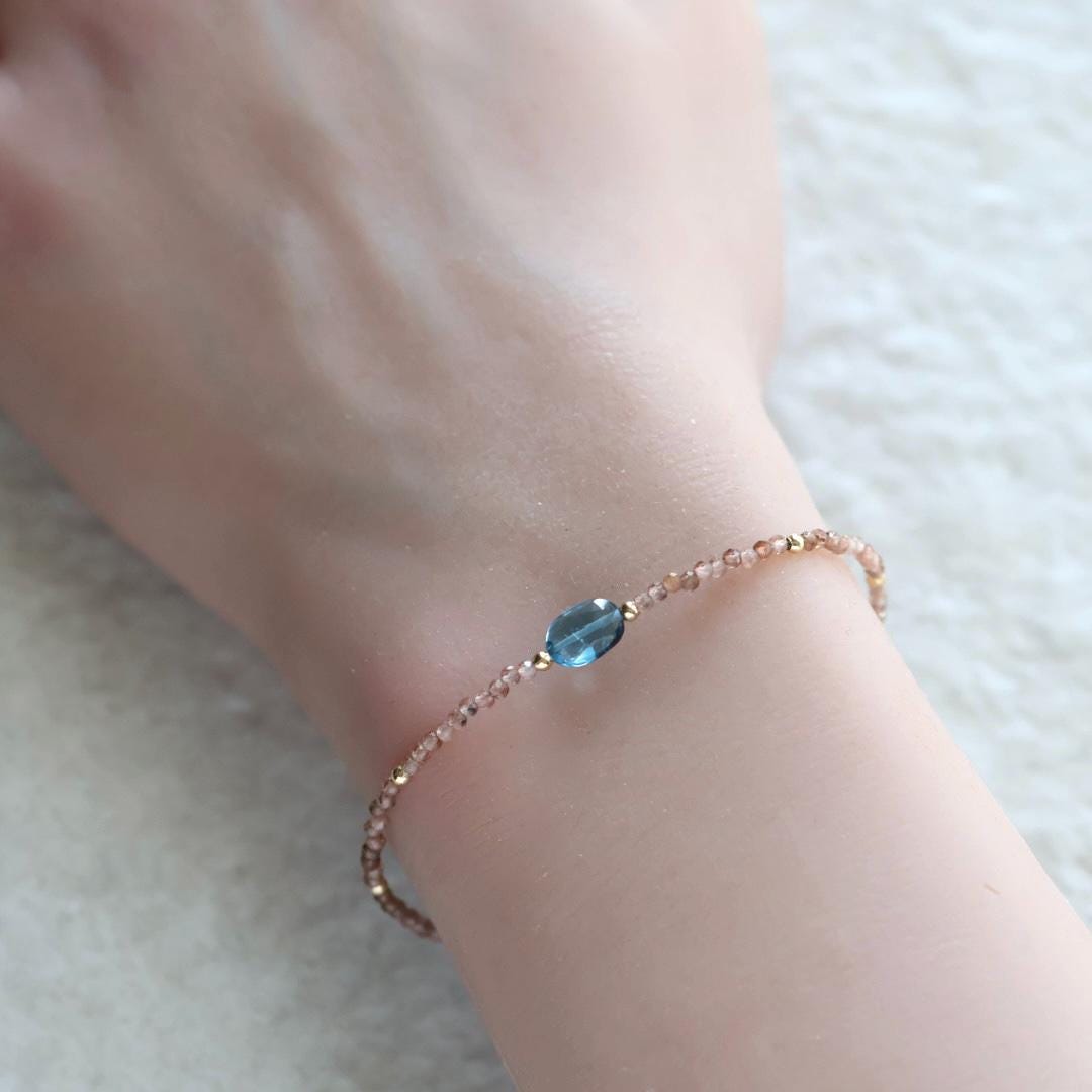 Tiny Andalusite Bracelet Dainty London Blue Topaz Gemstone Beaded Jewelry Minimalist Stacking December Birthstone Birthday Gift For Women