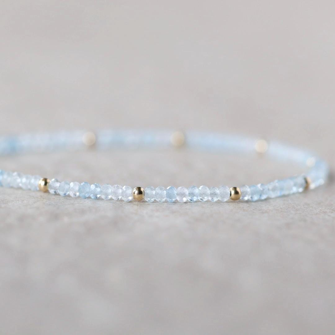 Tiny Aquamarine Bracelet Dainty Gemstone Beaded Bracelet Blue Crystal Minimalist Jewelry March Birthstone Birthday Gift for Daughter Teen